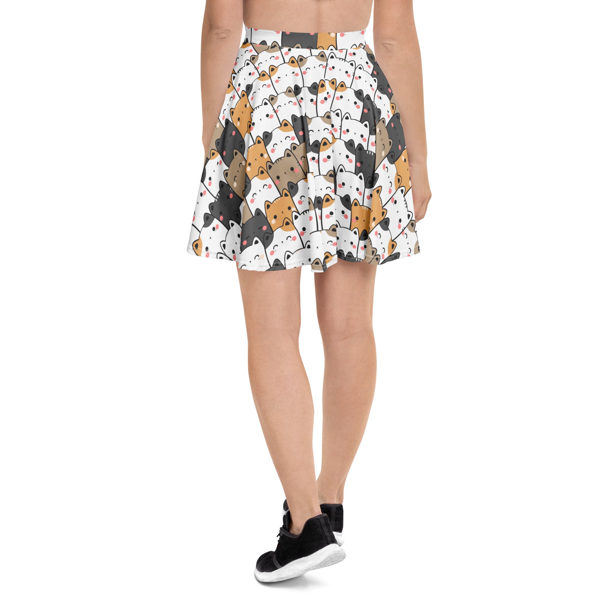 Women’s kawaii cat skater skirt in recycled fabric with playful black white and orange cats and pink cheeks and upf 50+