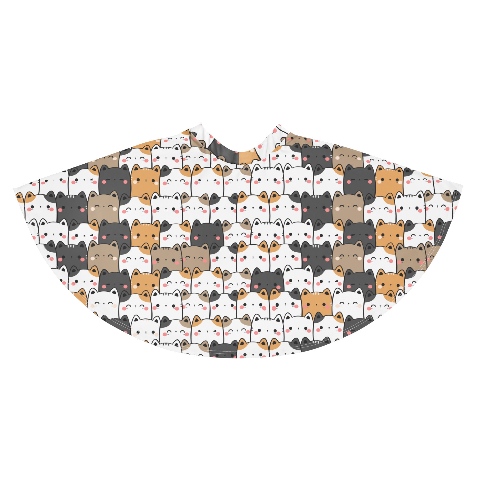 A white womens kawaii cat skater skirt with a colorful cartoon cat pattern made from recycled fabric with upf 50+