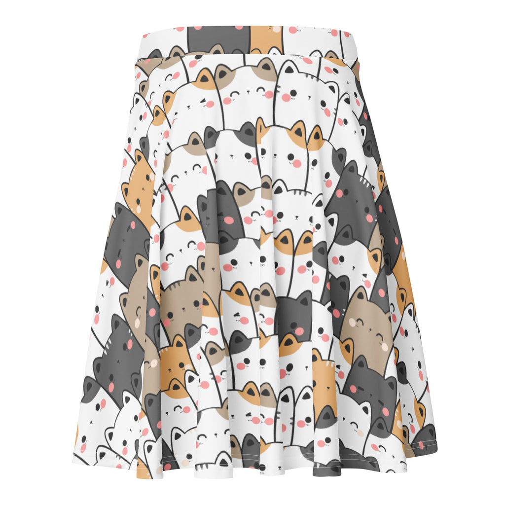 Women’s kawaii cat skater skirt white pleated high waisted with playful gray black tan cat pattern recycled fabric UPF 50+