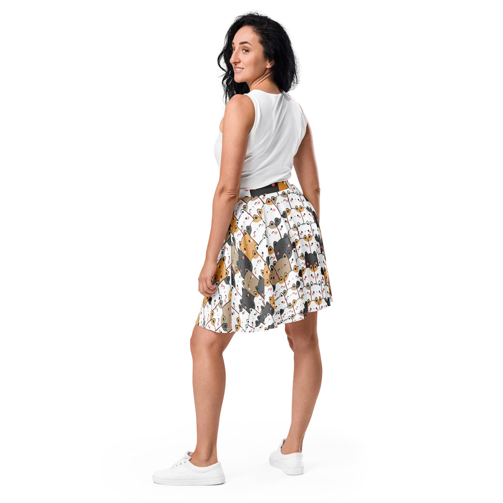 White pleated women’s kawaii cat skater skirt with black brown beige cat faces flowy high waisted recycled fabric upf 50+