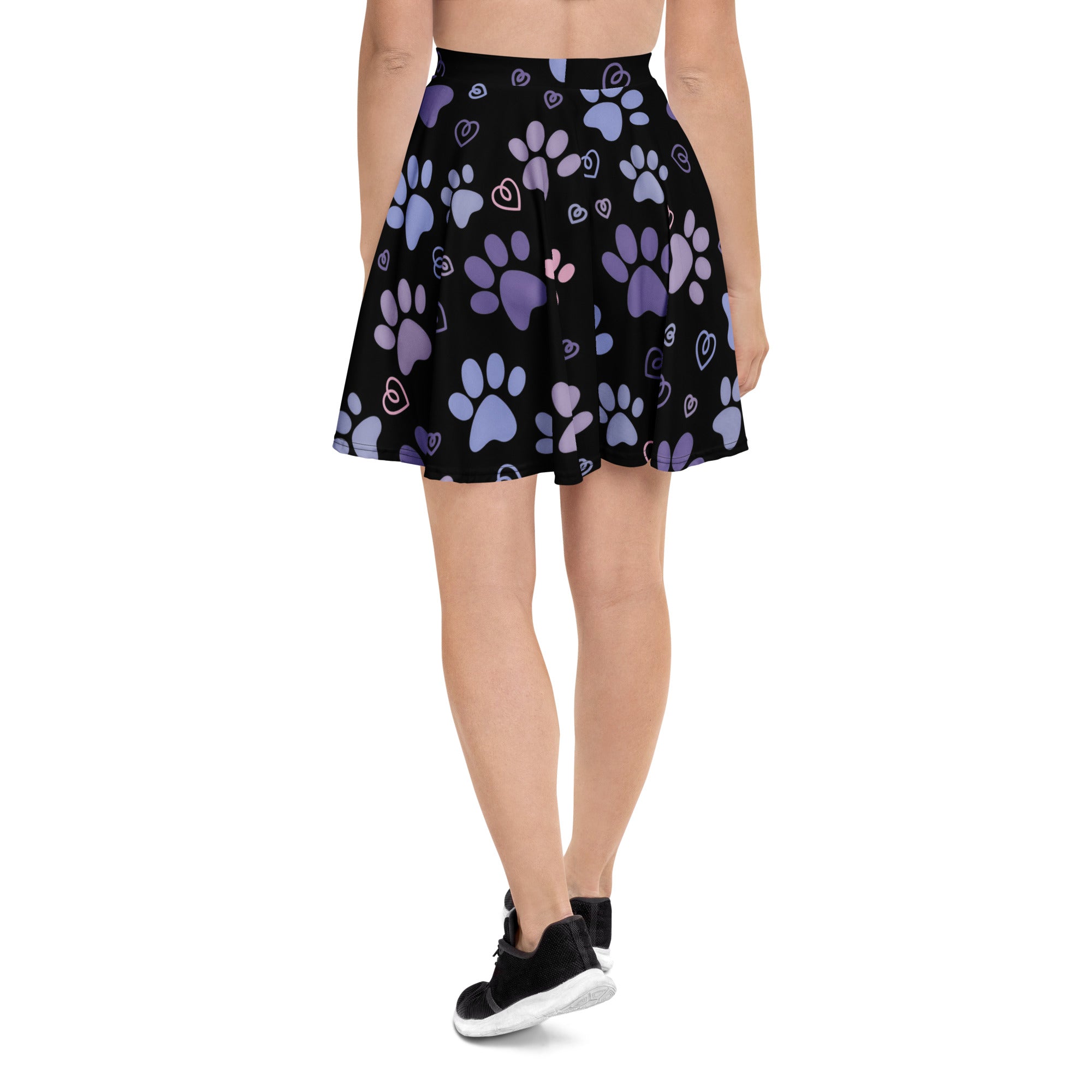 Women’s purple paw print skater skirt black pleated with purple and light blue paw prints pink hearts flowy upf 50 recycled fabric
