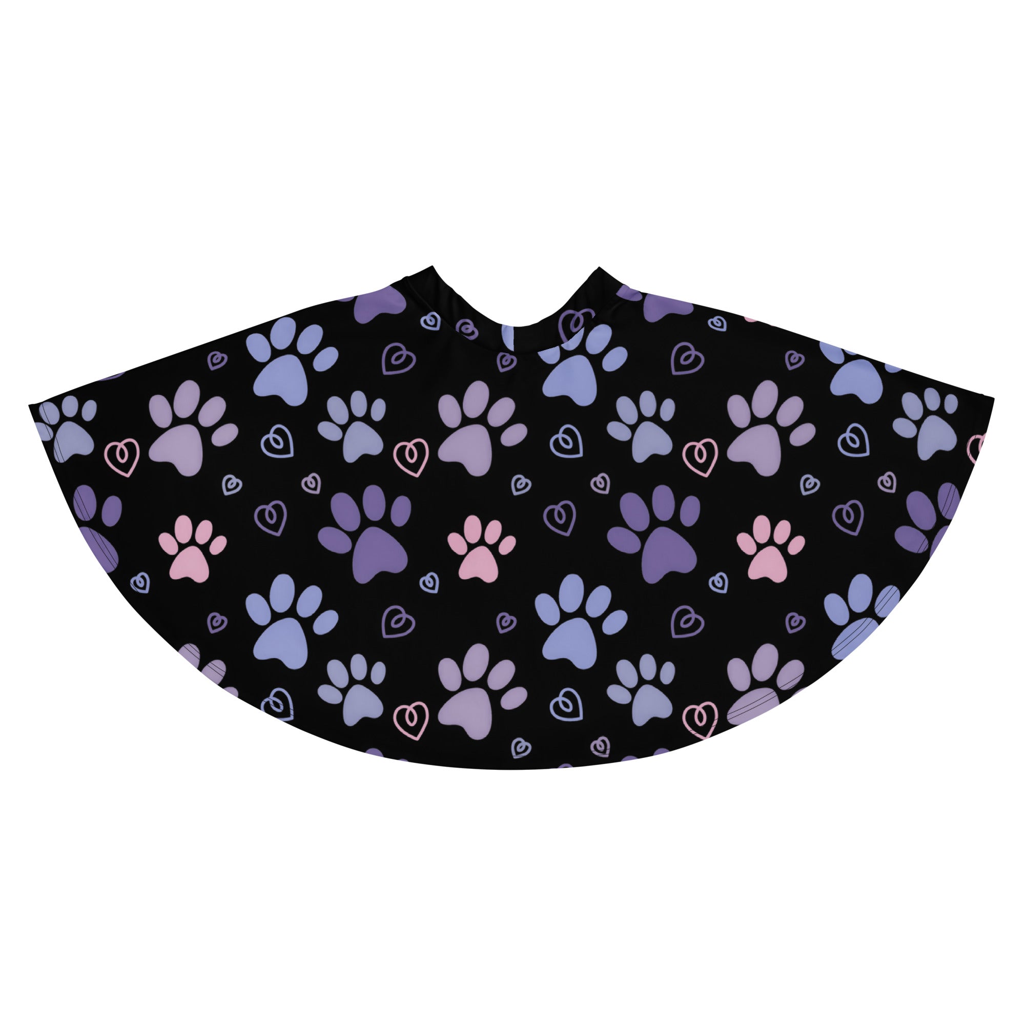 Black pet grooming cape with playful purple blue and pink paw prints and outlined hearts on recycled fabric