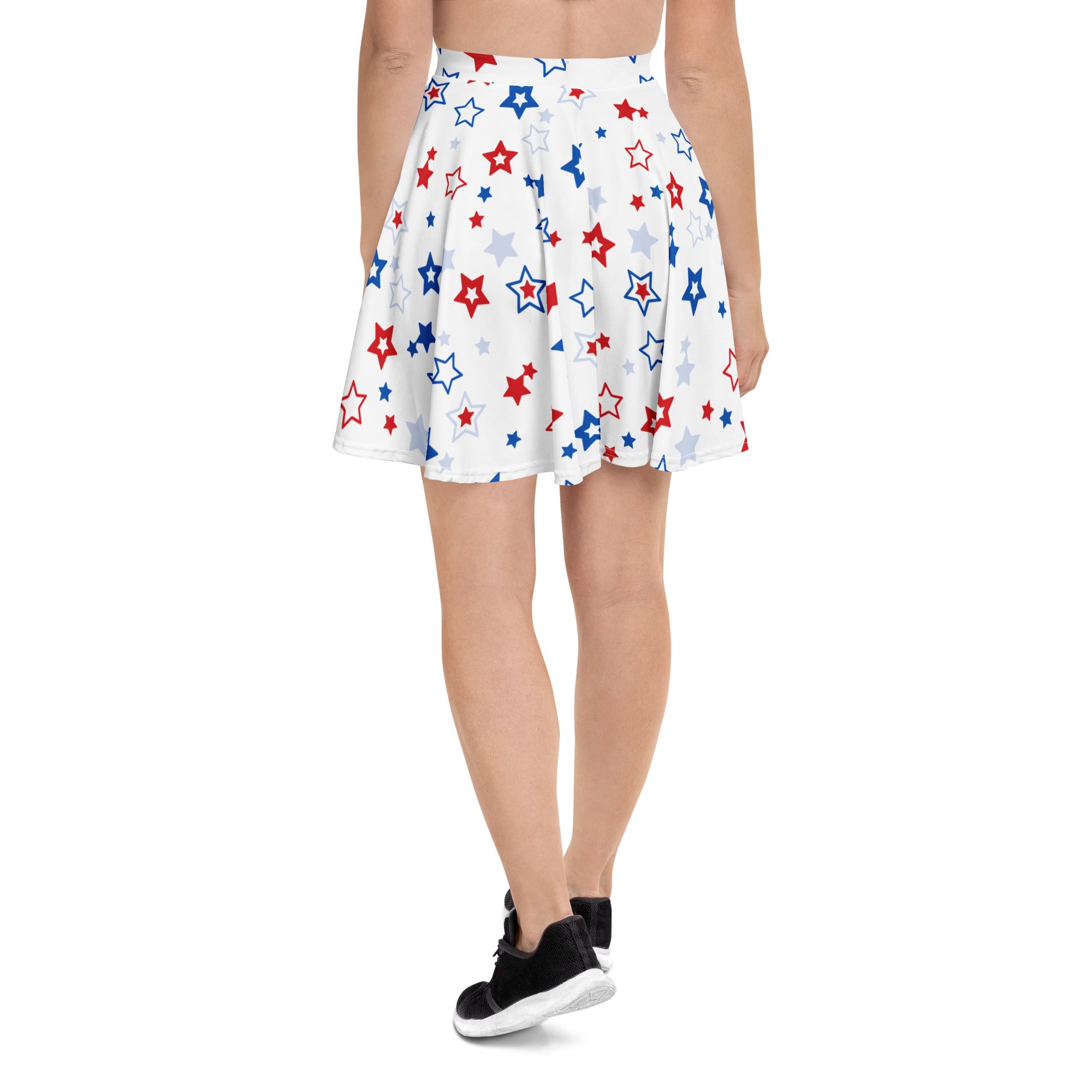 White pleated women’s usa stars skater skirt with vibrant red blue silver star pattern flowy high waisted recycled fabric upf 50