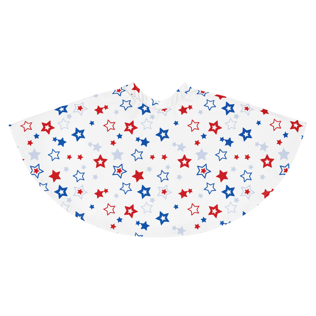 White cape with playful red blue and light gray stars matching womens usa stars skater skirt with upf 50 plus fabric