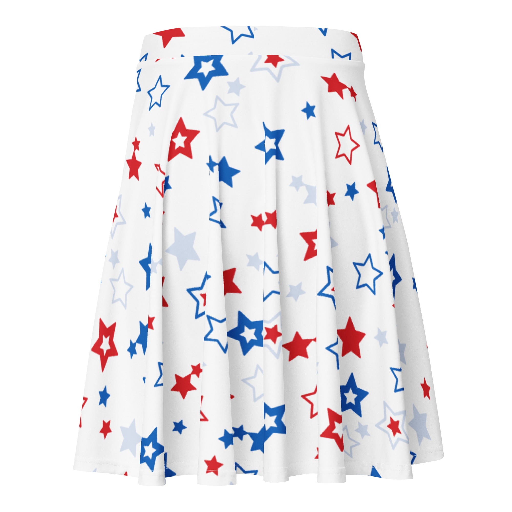 White pleated women’s usa stars skater skirt with red blue and gray star pattern flowy high waisted upf 50 recycled fabric