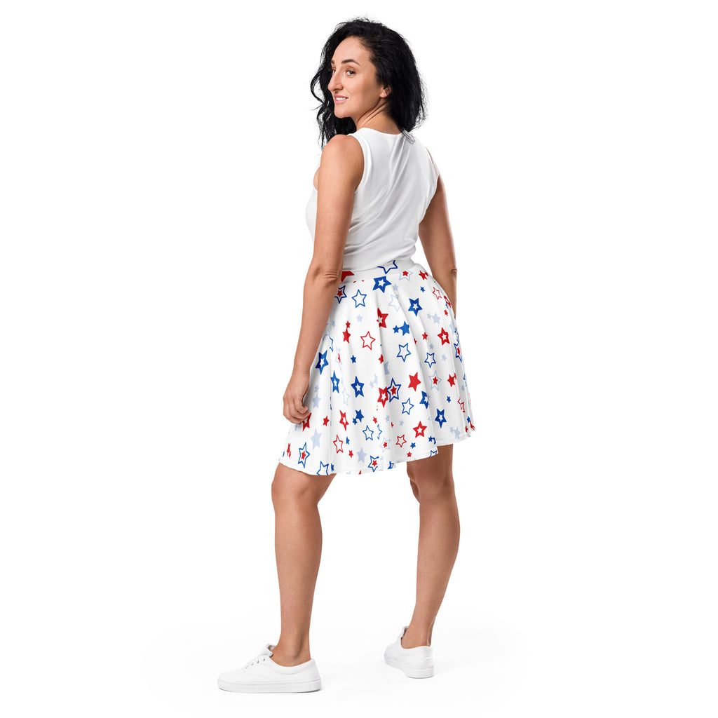 White skirt with red and blue star pattern women’s usa stars skater skirt flowy high waisted recycled fabric upf 50+