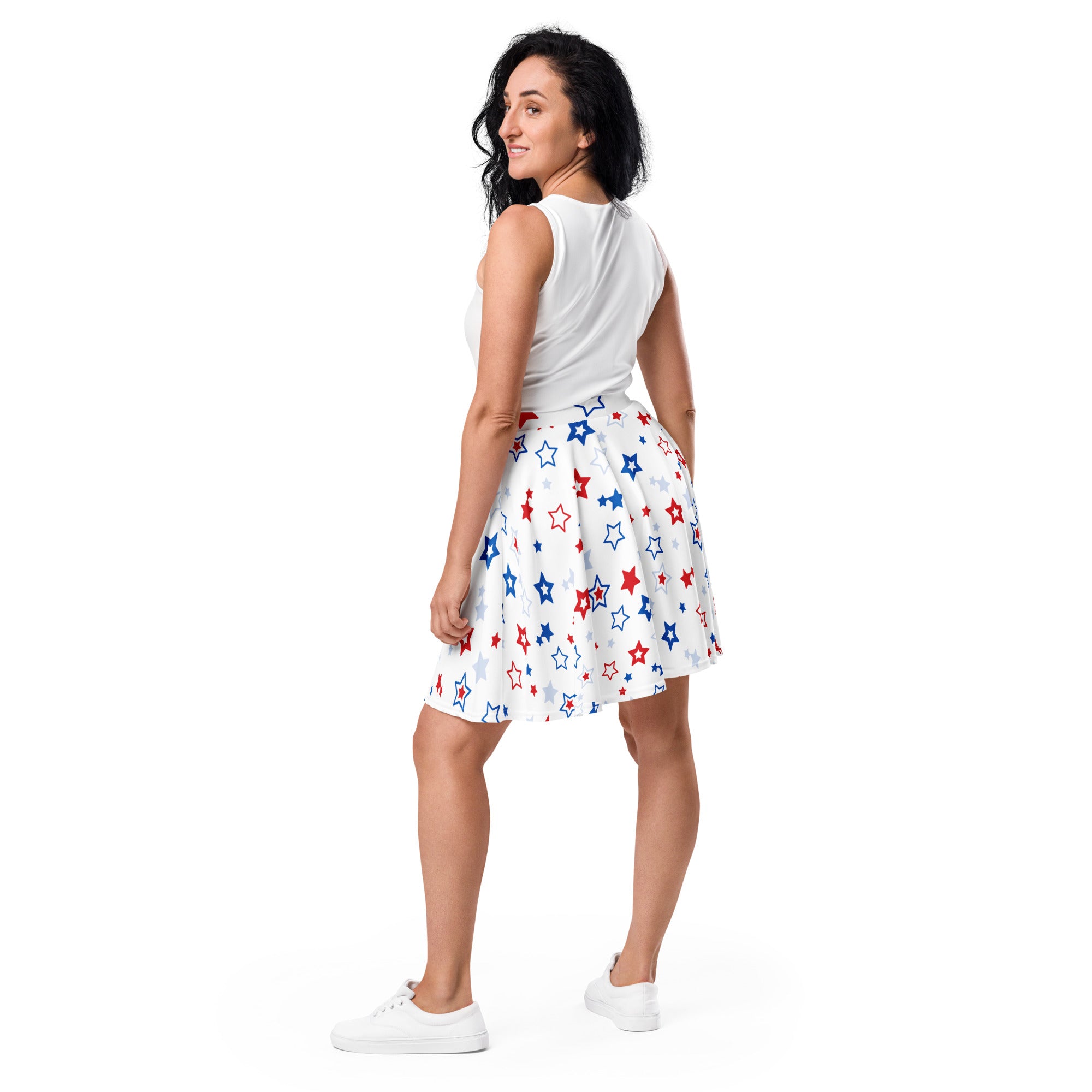 White skirt with red and blue star pattern women’s usa stars skater skirt flowy high waisted recycled fabric upf 50+