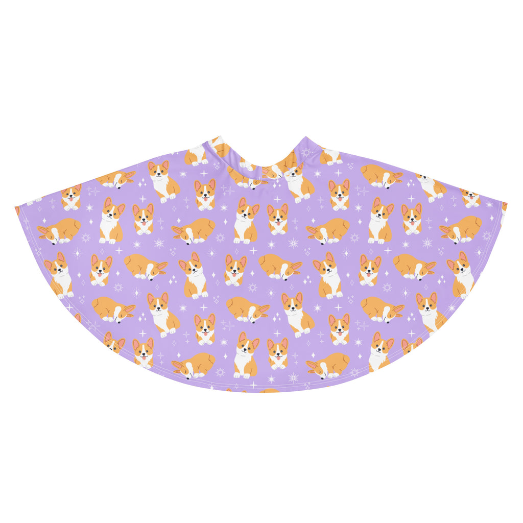 Women’s purple corgi dog skater skirt with flowy high waisted design upf 50 plus and recycled fabric
