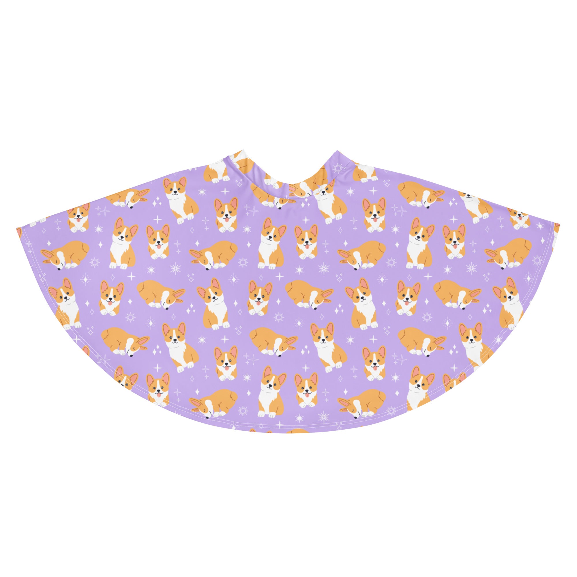 Women’s purple corgi dog skater skirt with flowy high waisted design upf 50 plus and recycled fabric