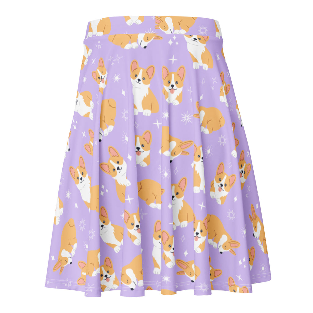 Women’s purple corgi dog skater skirt with lavender pleats orange and white corgi pattern UPF 50 plus recycled fabric