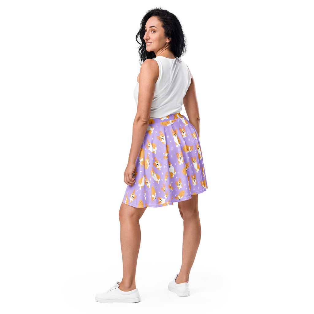 Women’s purple corgi dog skater skirt with lavender pleats orange and white corgi pattern flowy high waisted upf 50 recycled fabric