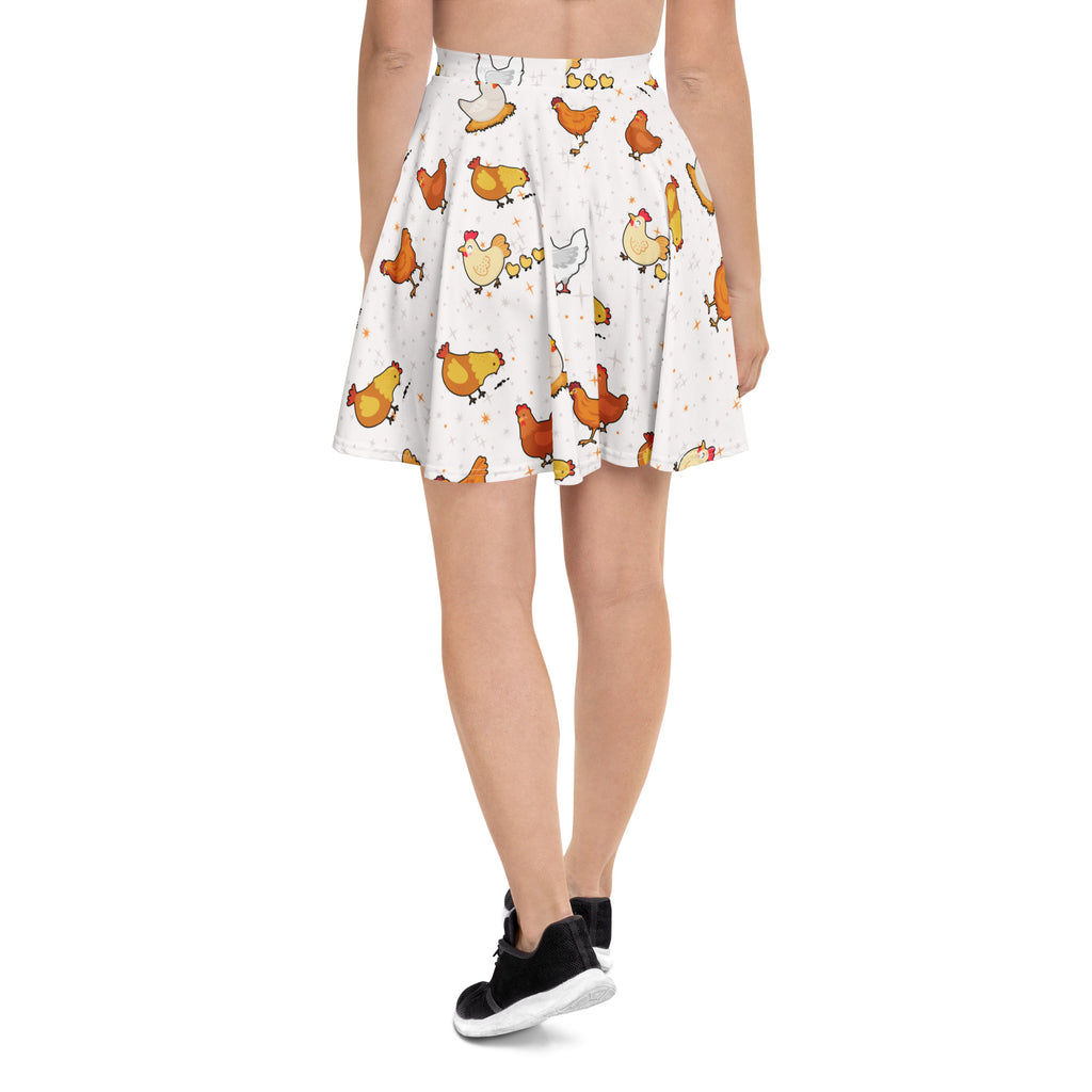 White women’s chicken skater skirt with colorful cartoon chickens, flowy high waisted, UPF 50 plus, recycled fabric