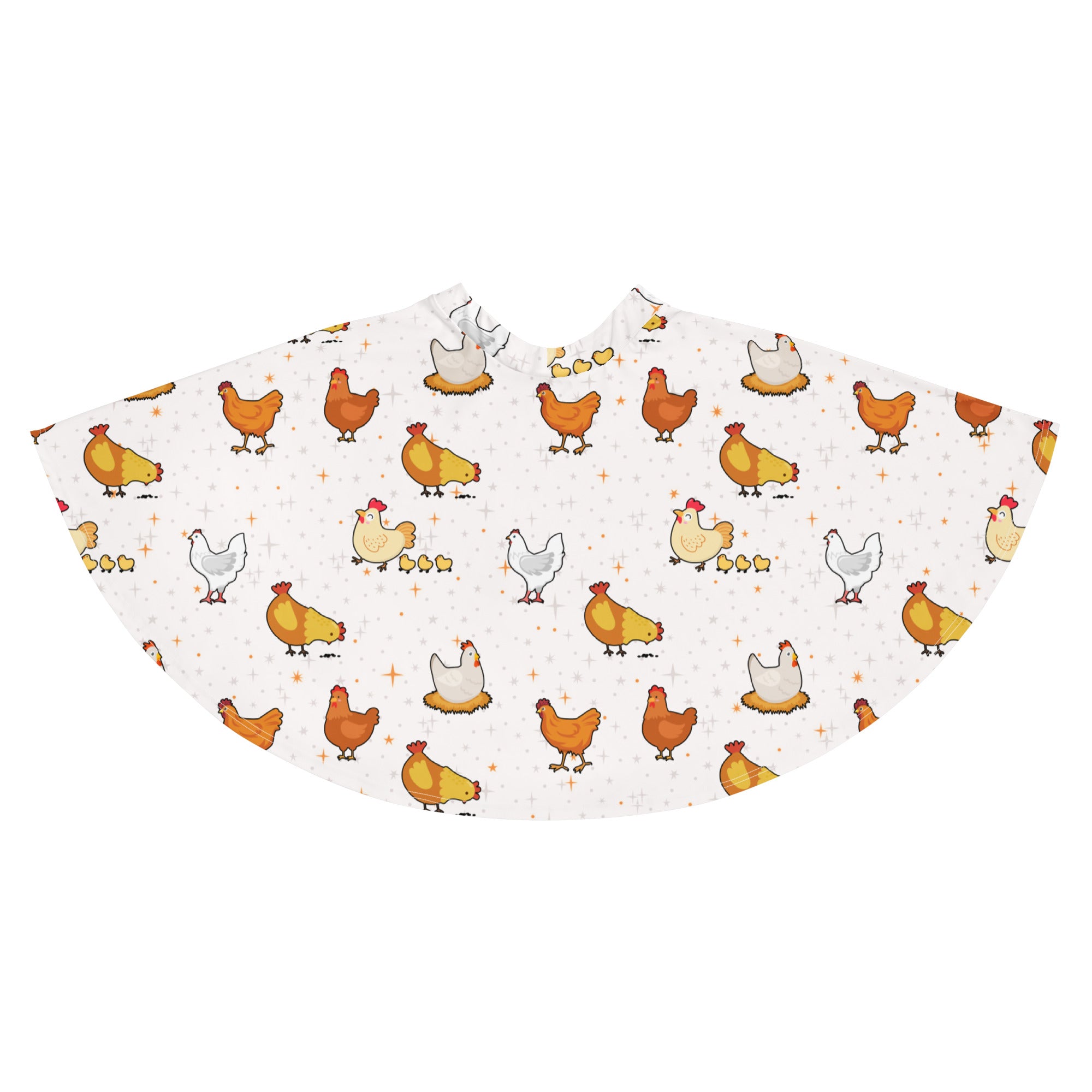Women’s white chicken skater skirt with orange yellow and gray chicken pattern made from recycled fabric with upf 50+