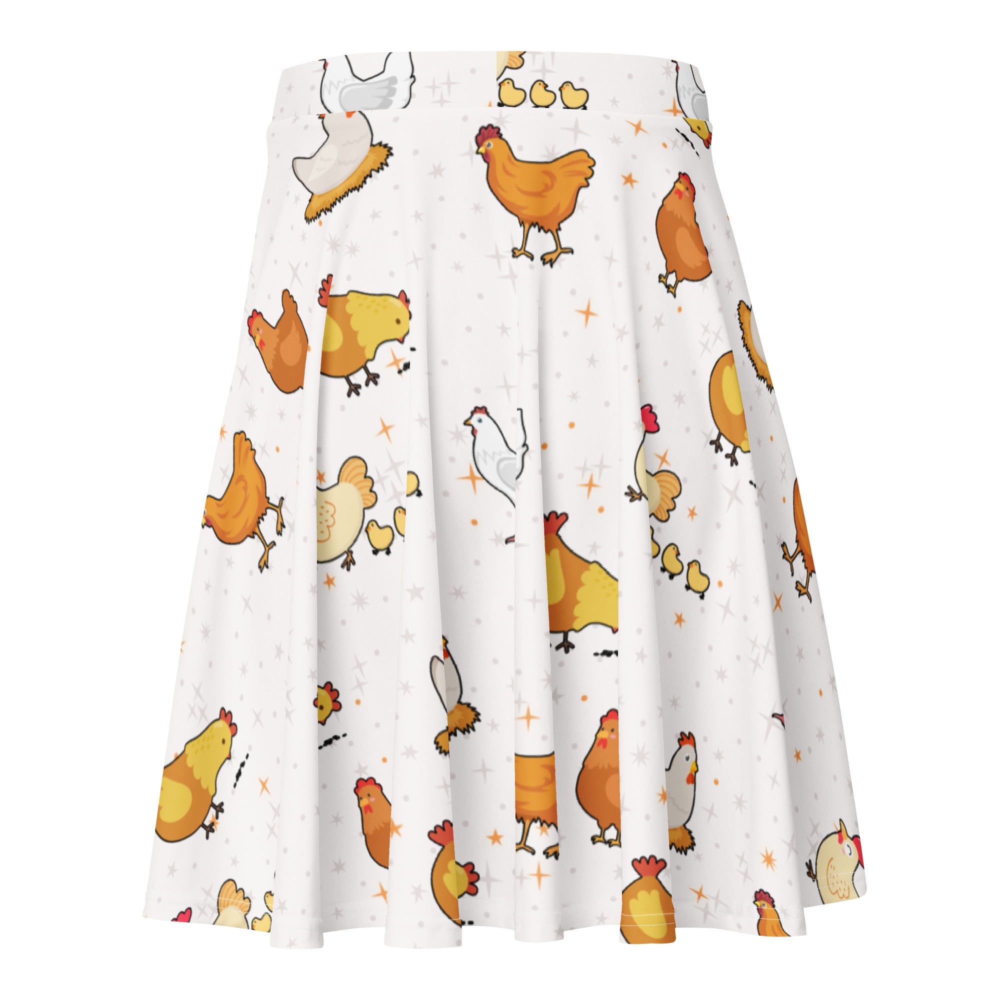 White pleated chicken skater skirt with playful orange yellow and gray cartoon pattern flowy high waisted recycled fabric