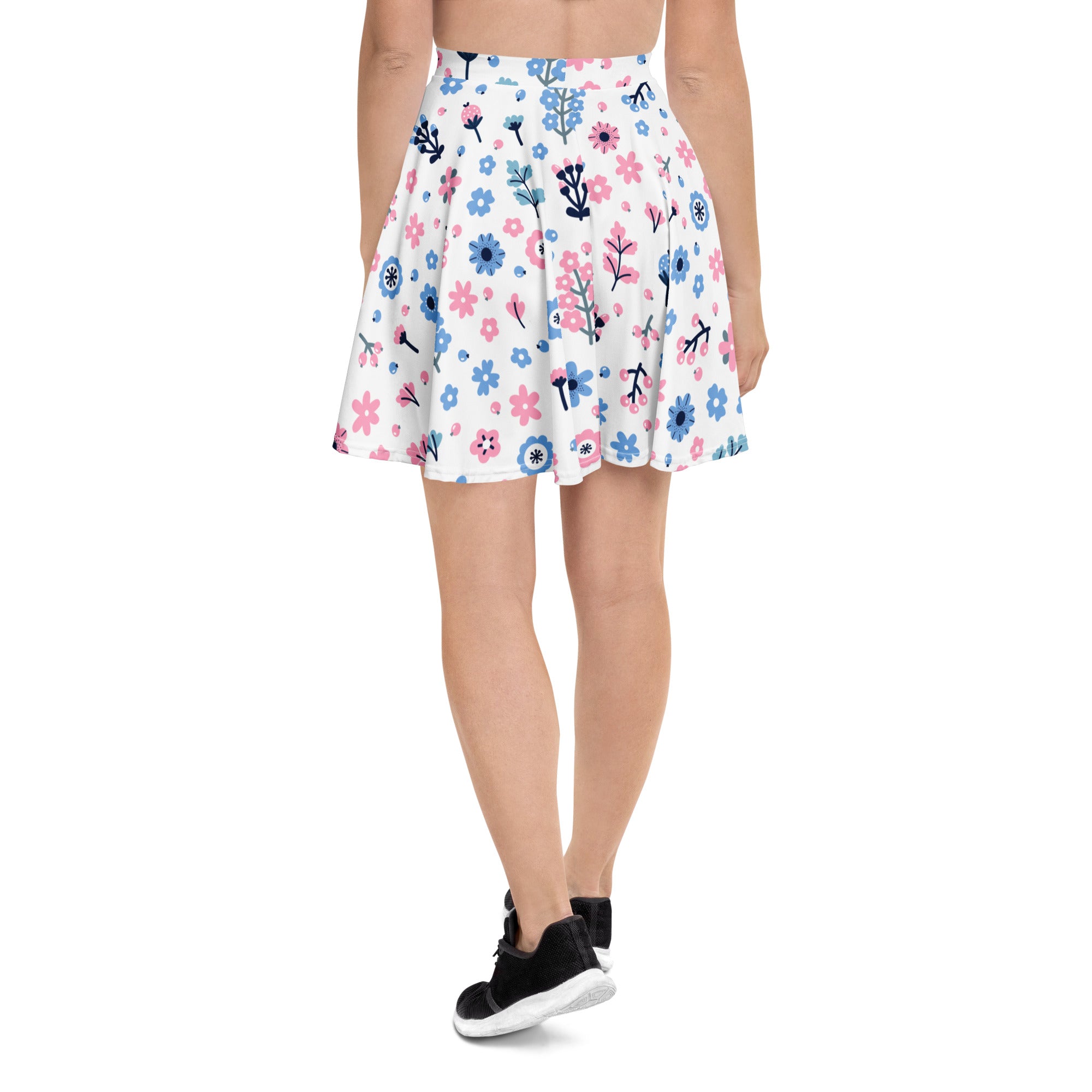 Women’s white pleated floral skater skirt with pink blue flowers green stems flowy high waisted upf 50 recycled fabric