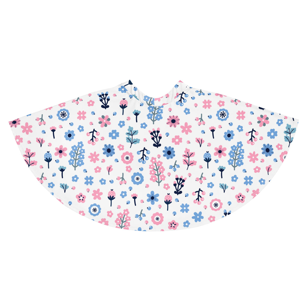 A white cape adorned with delicate pink and blue flowers complementing the women’s floral skater skirt design
