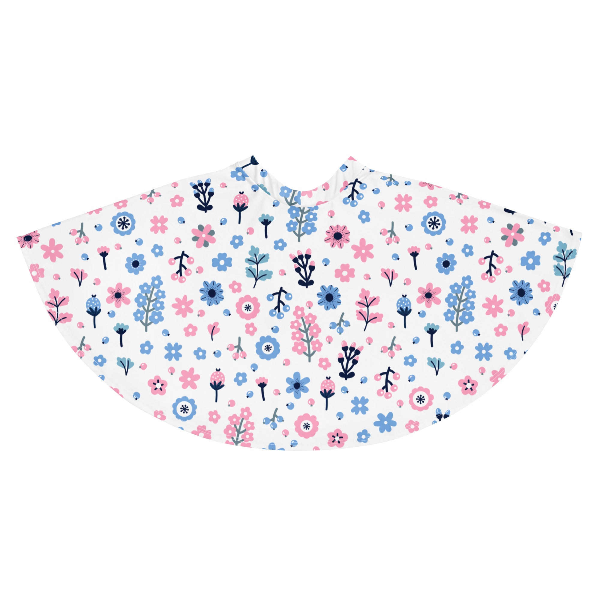 A white cape adorned with delicate pink and blue flowers complementing the women’s floral skater skirt design