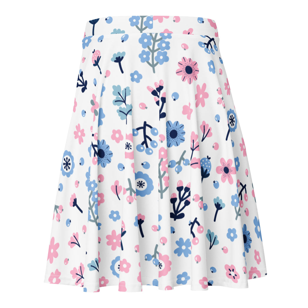 A white floral skater skirt with pink and blue flowers green stems flowy high waisted recycled fabric upf 50+