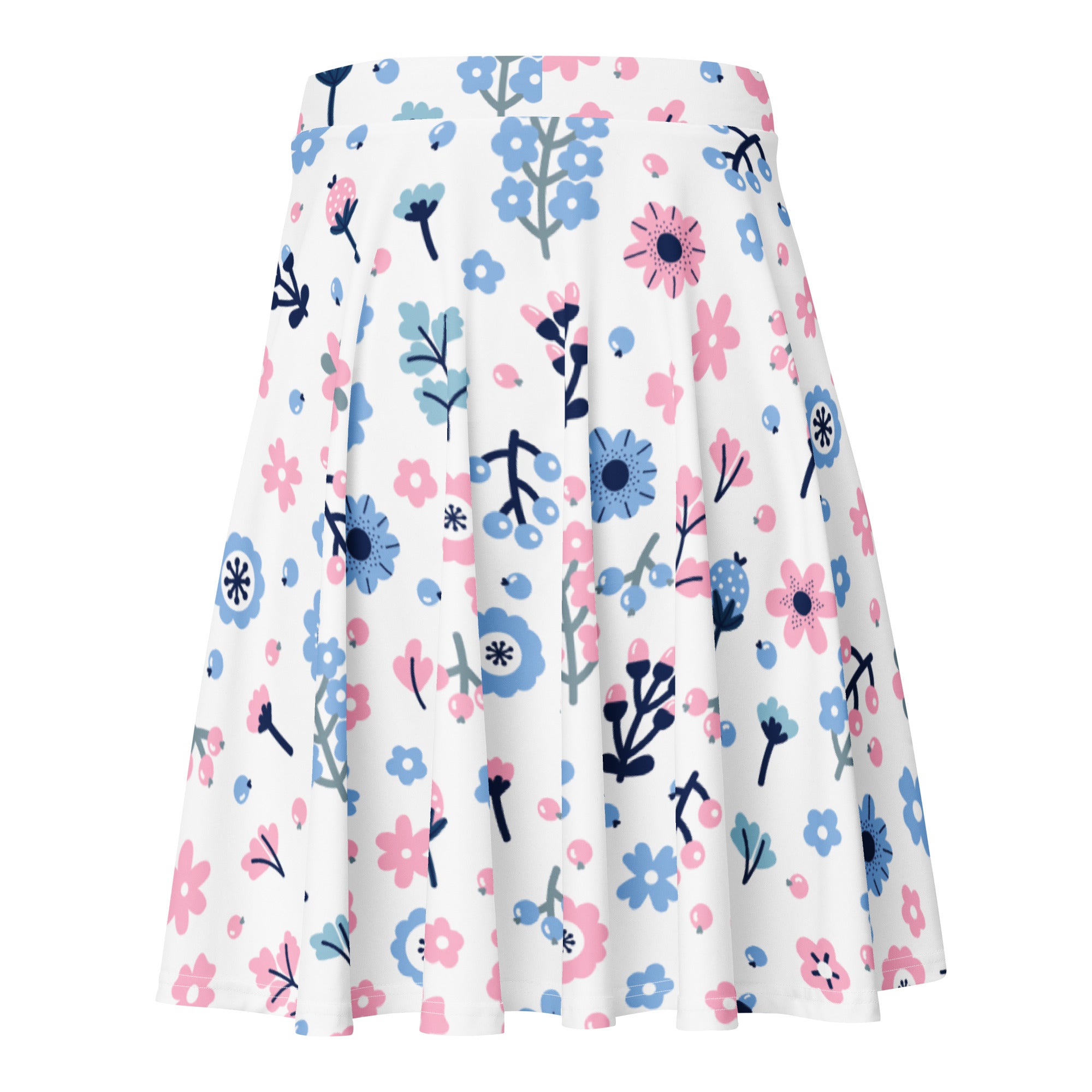 A white floral skater skirt with pink and blue flowers green stems flowy high waisted recycled fabric upf 50+