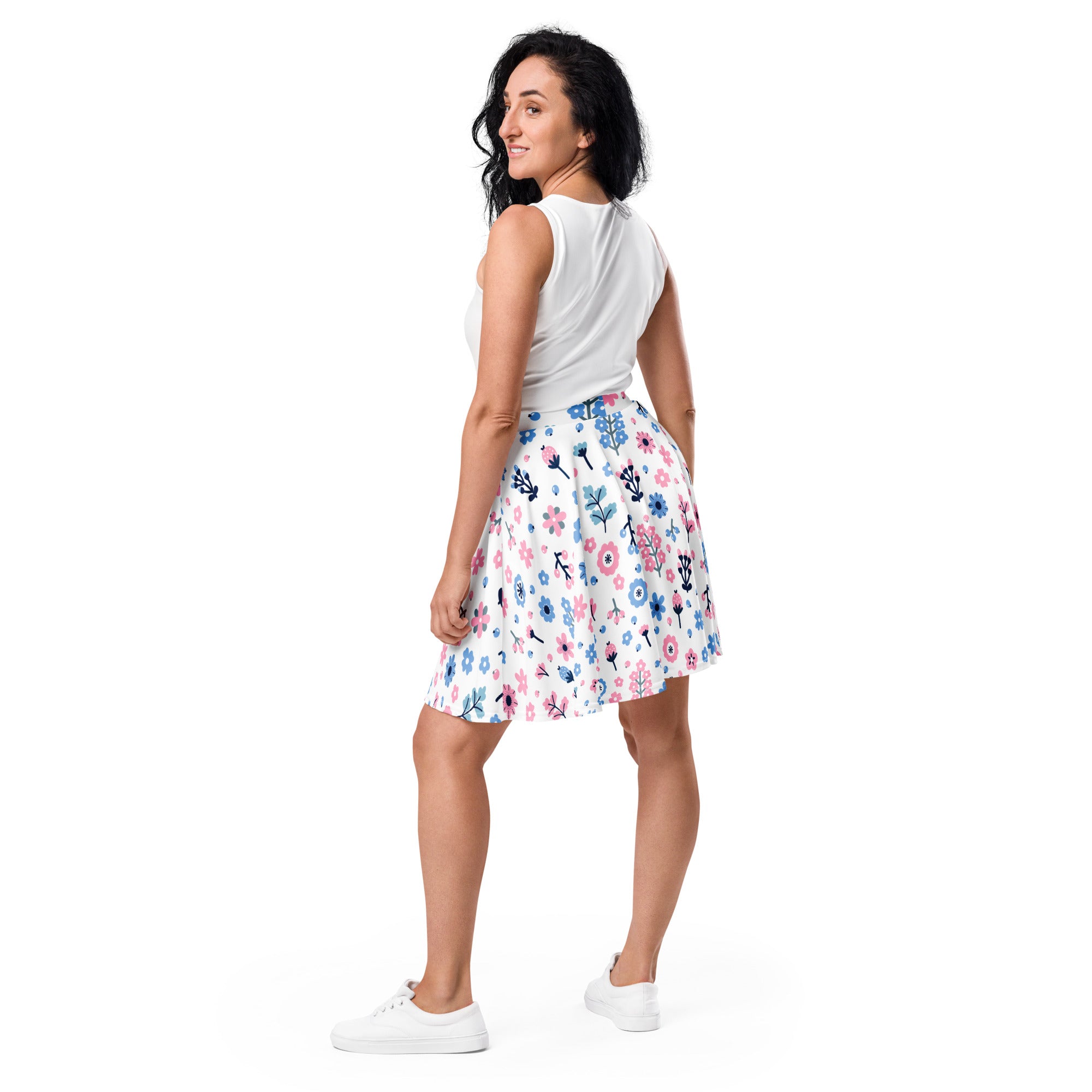 White floral skater skirt with pink blue and black flowers green stems flowy high waisted recycled fabric upf 50+