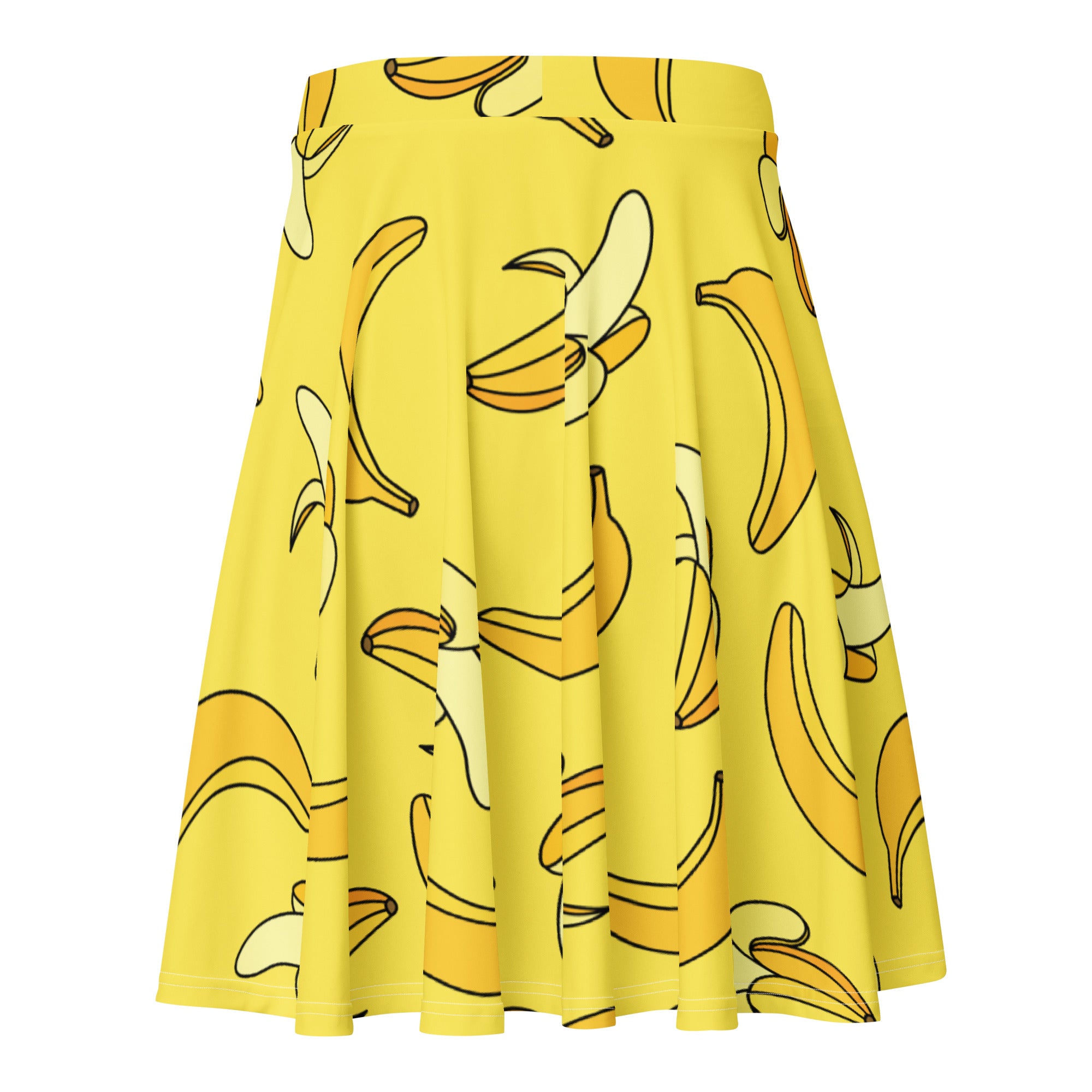 Women’s yellow banana skater skirt is a flowy high waisted a-line skirt with playful cartoon banana prints and recycled fabric