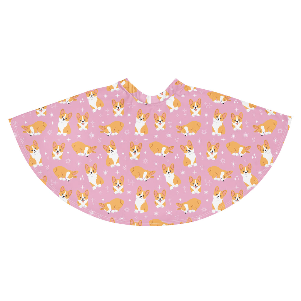 Women’s pink corgi dog skater skirt with flowy high waist upf 50+ made from recycled fabric with cartoon dogs