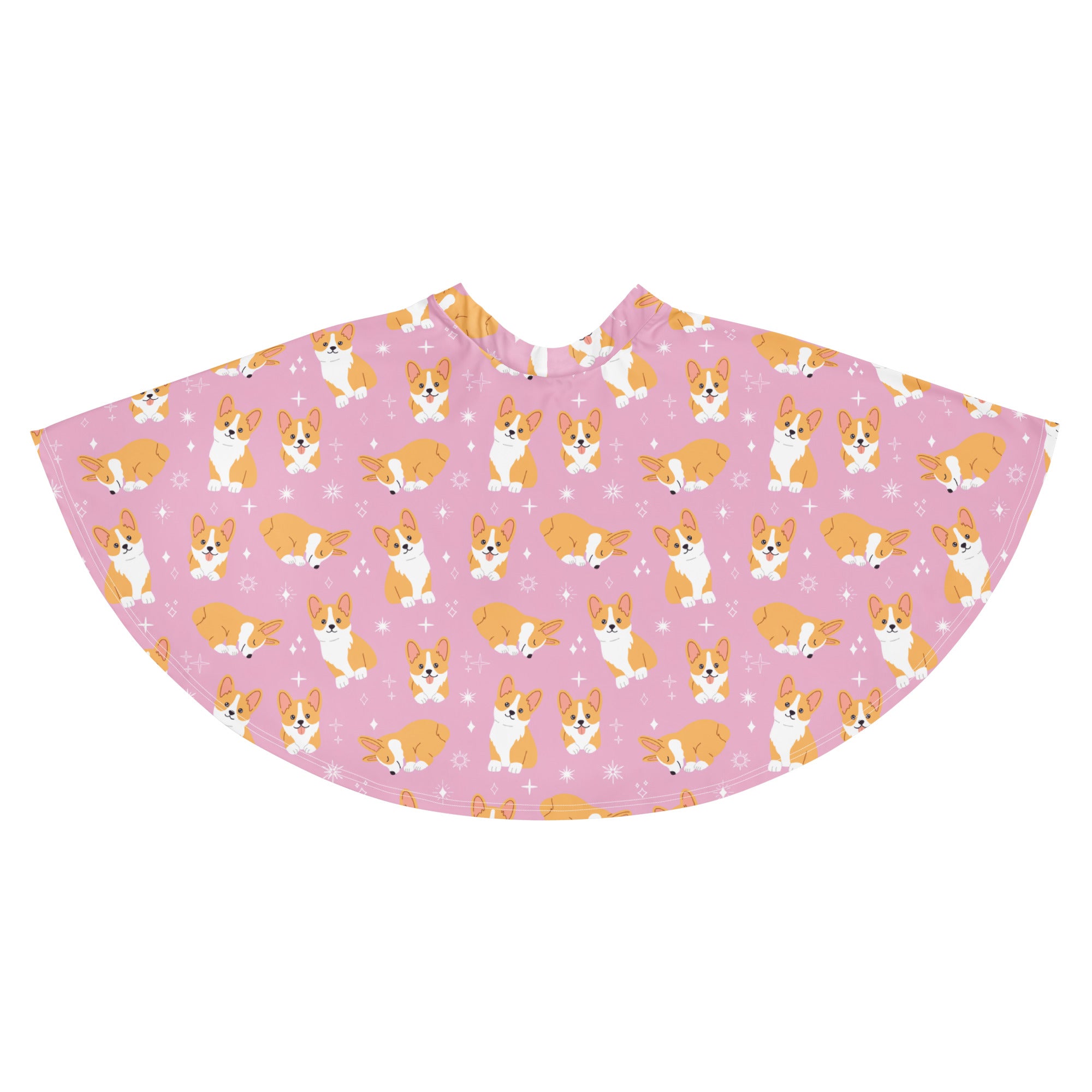 Women’s pink corgi dog skater skirt with flowy high waist upf 50+ made from recycled fabric with cartoon dogs