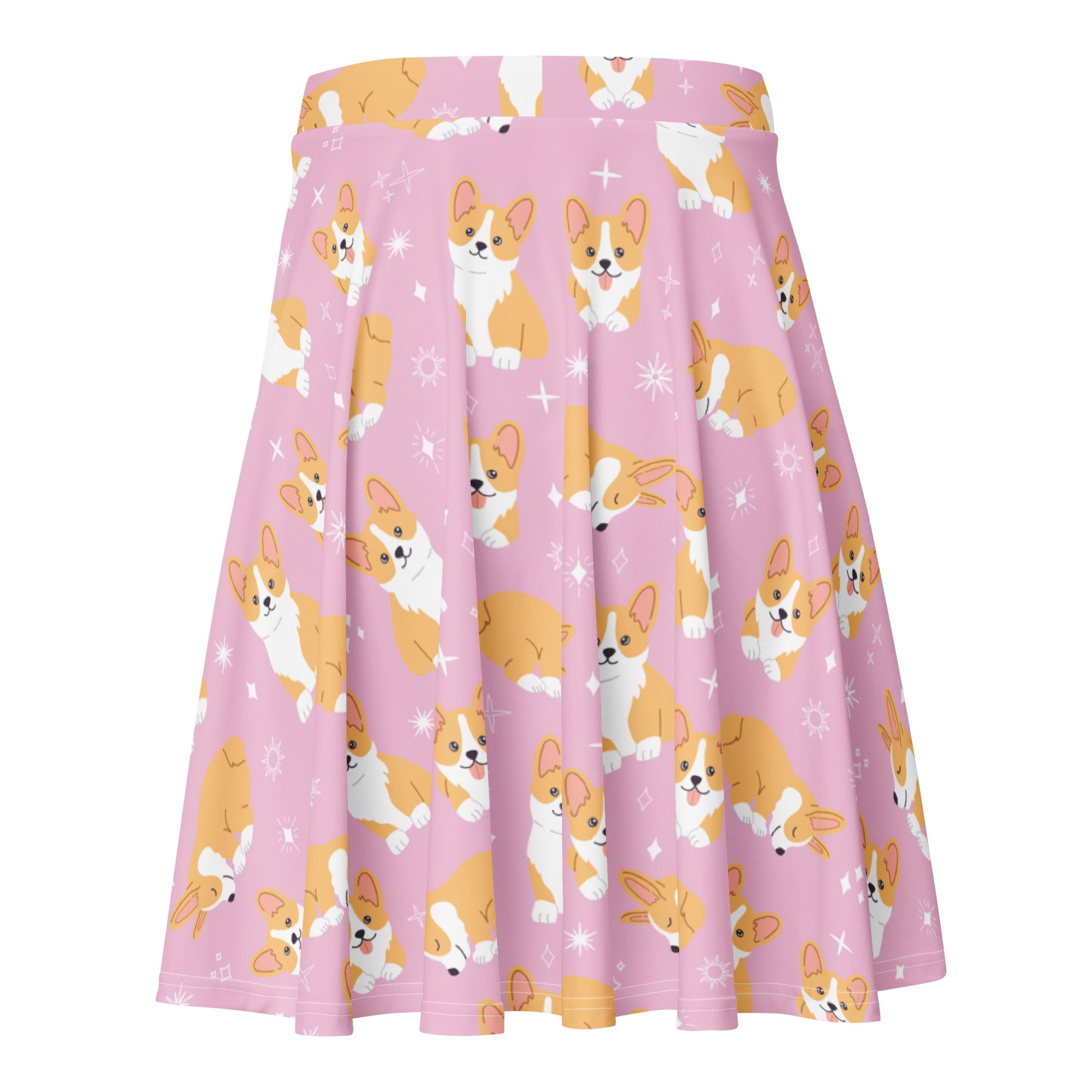 Women’s pink corgi dog skater skirt with playful cartoon corgi pattern and sparkling star accents made from recycled fabric