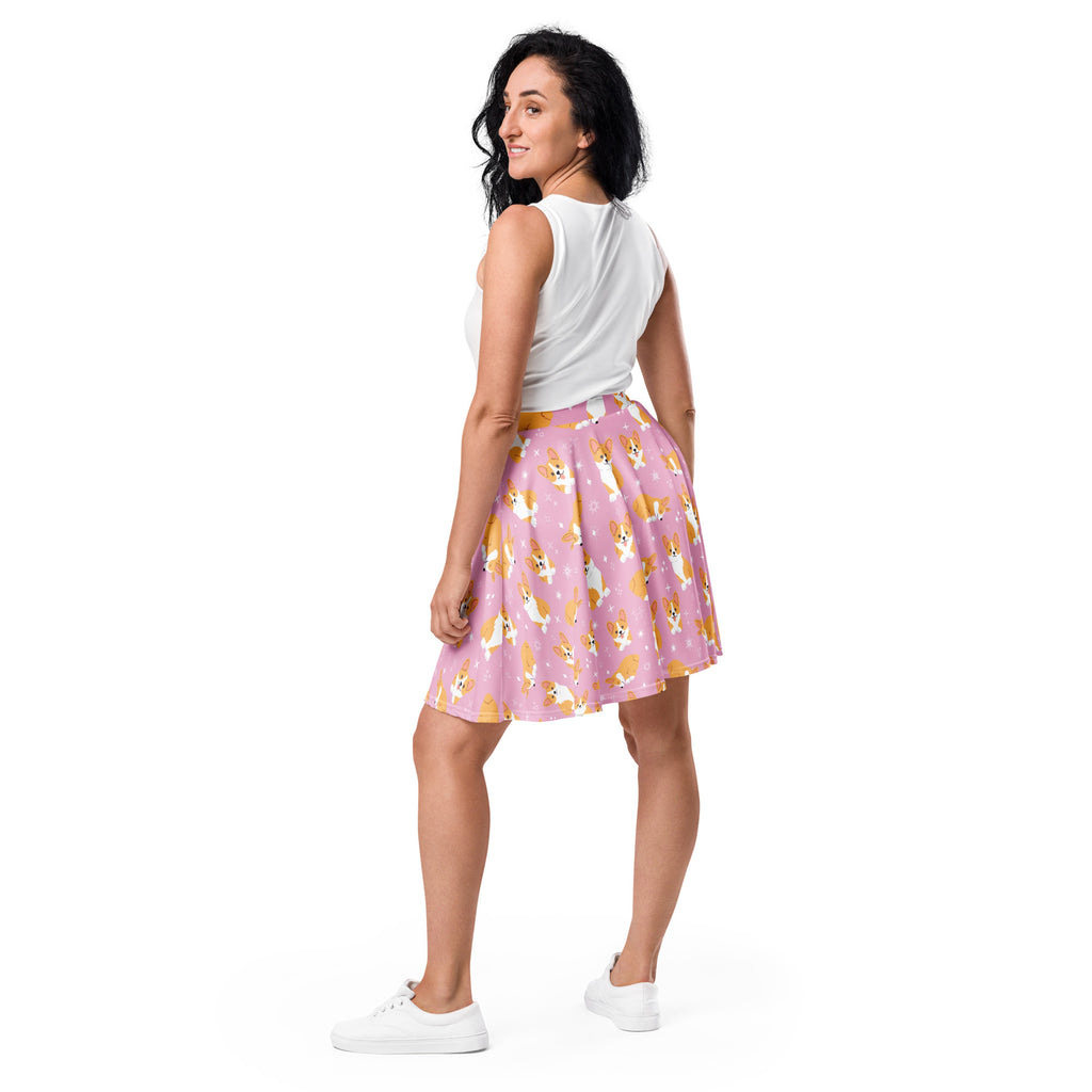 Women’s pink corgi dog skater skirt with pleats flowy high waisted upf 50 plus recycled fabric