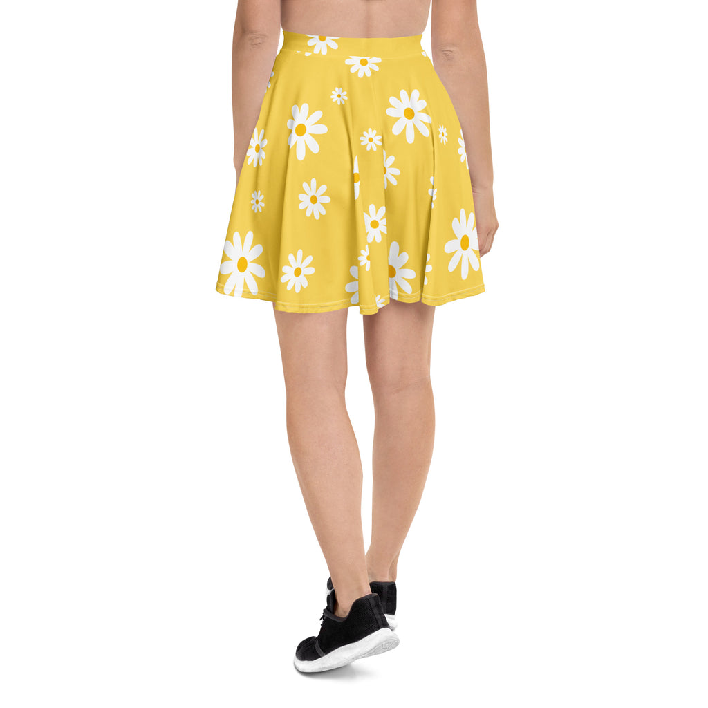 Women’s yellow daisy skater skirt with white daisy pattern flowy high waisted recycled fabric upf 50 plus