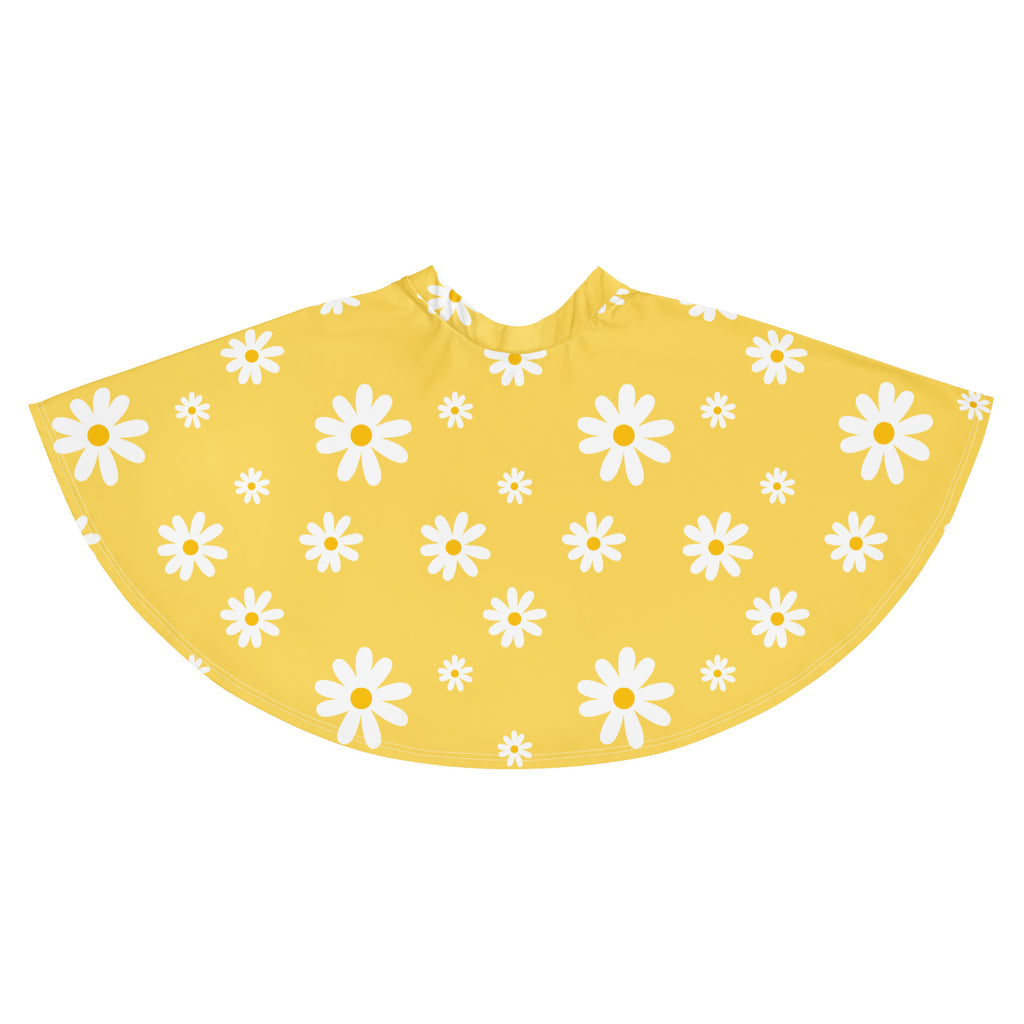 Yellow daisy patterned barber cape with white flowers and yellow centers made from recycled fabric with upf 50+ protection