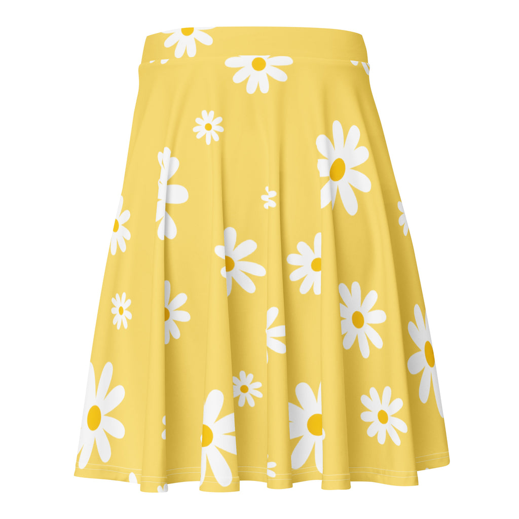 Women’s yellow daisy skater skirt with white daisies flowy high waisted made from recycled fabric with upf 50+ protection