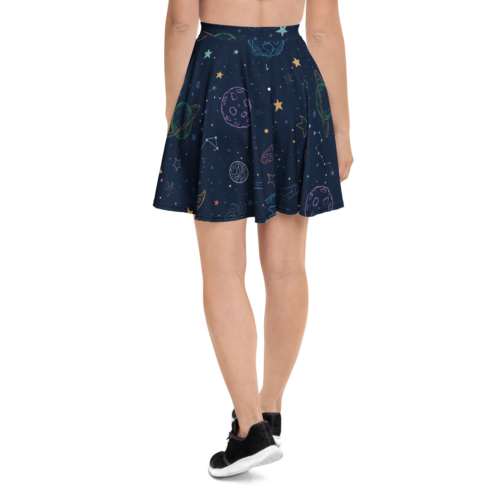 Women’s navy blue pleated galaxy space skater skirt with pastel planets stars constellations flowy high waisted upf 50+ recycled fabric