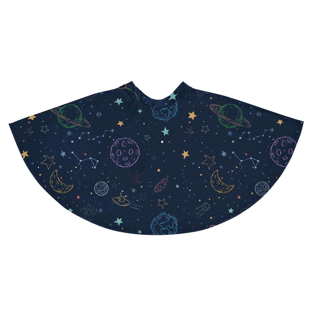 A navy blue space-themed cape with colorful planets stars moons and constellations in green yellow purple and teal