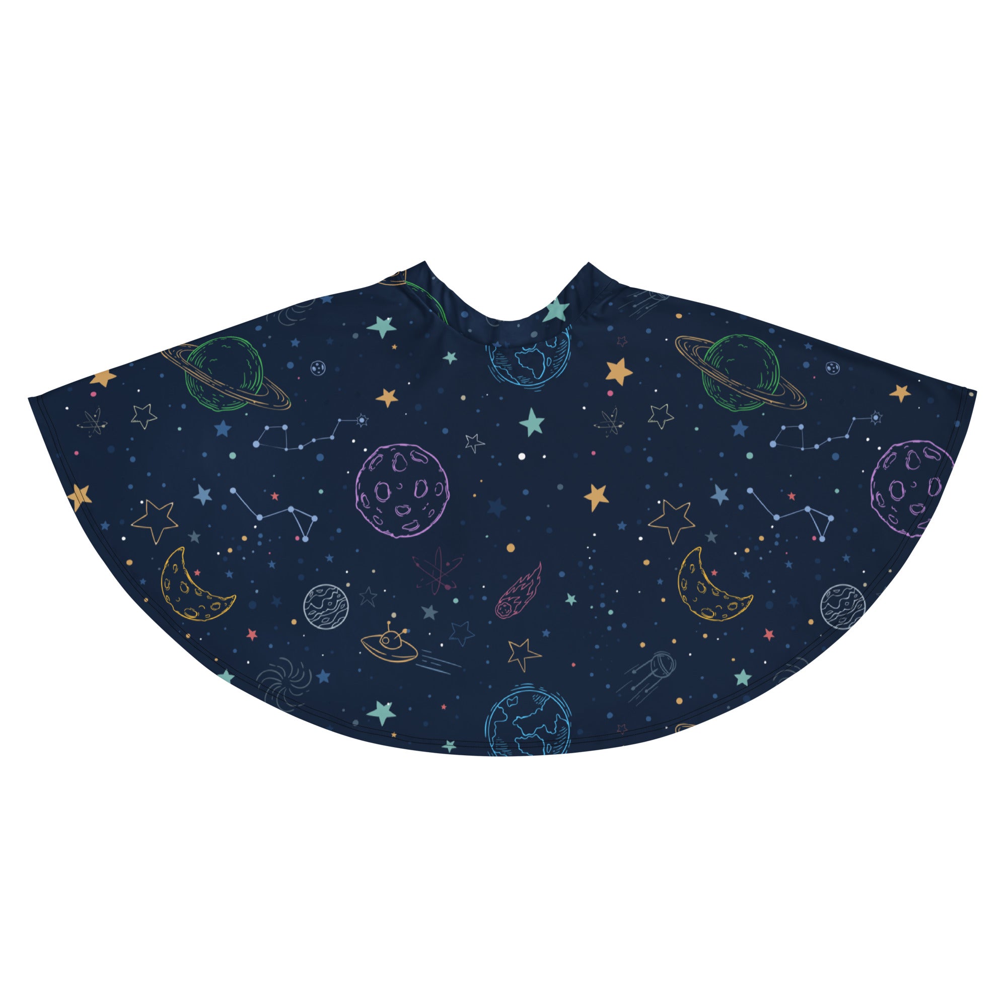 A navy blue space-themed cape with colorful planets stars moons and constellations in green yellow purple and teal