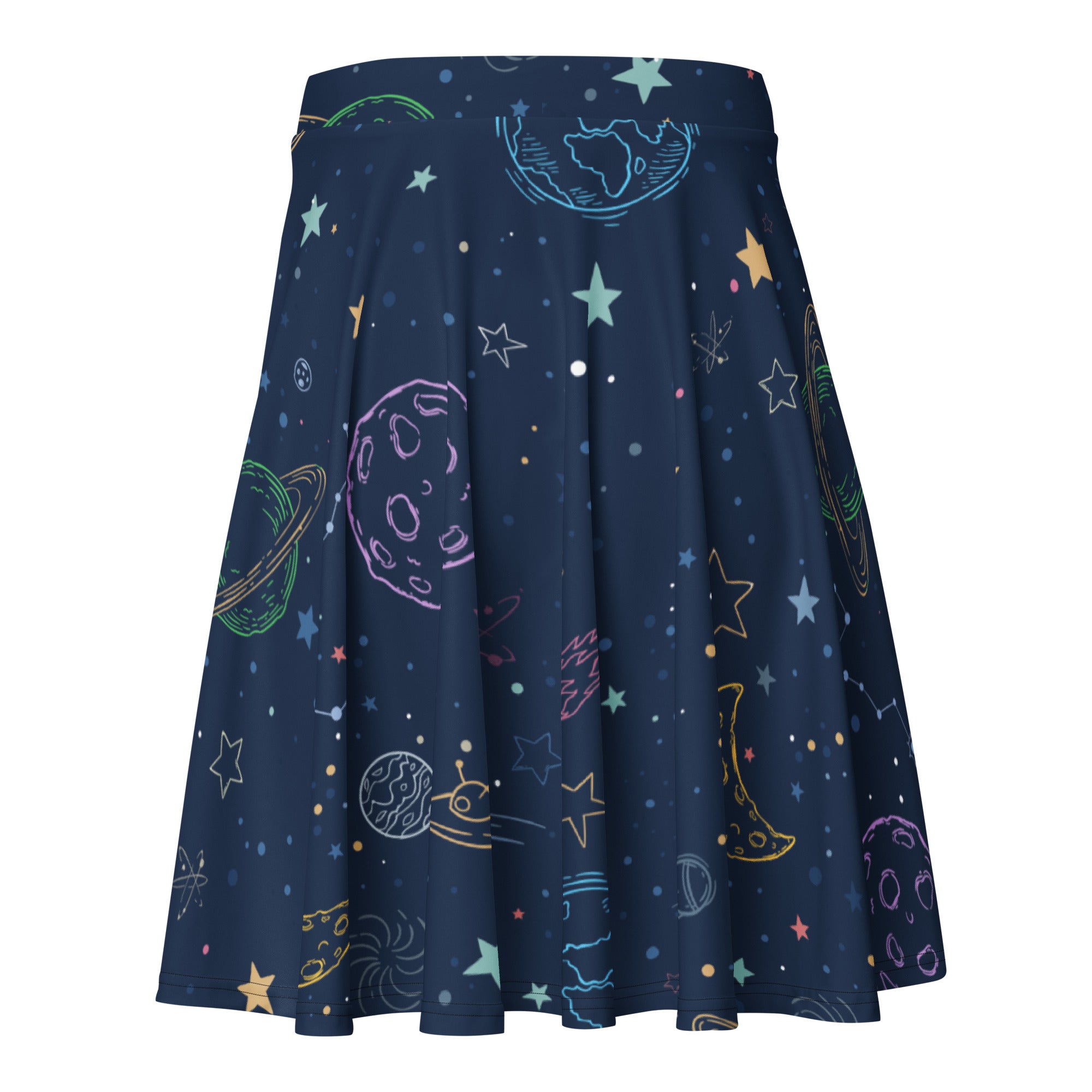 A navy blue women’s colorful galaxy space skater skirt with pastel planet print flowy high waisted recycled fabric