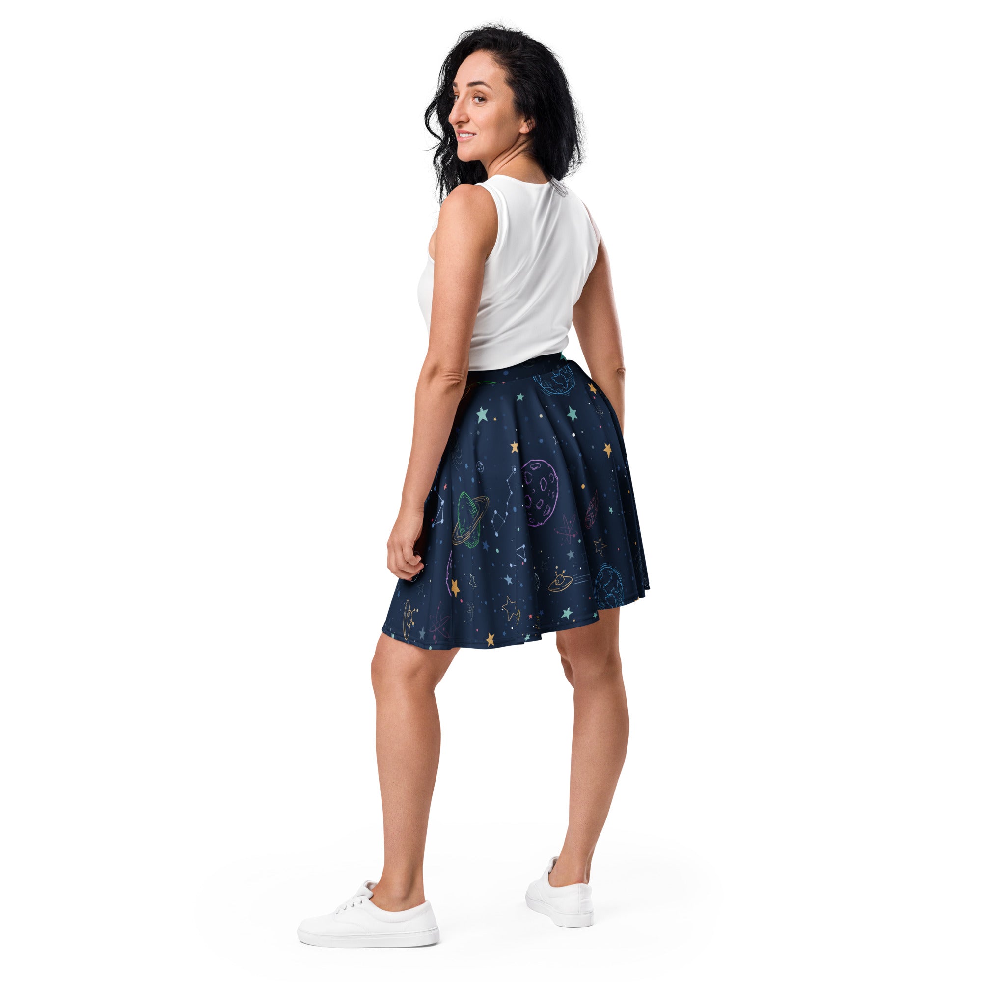 A navy blue women’s colorful galaxy space skater skirt with pastel celestial print flowy high waisted recycled fabric