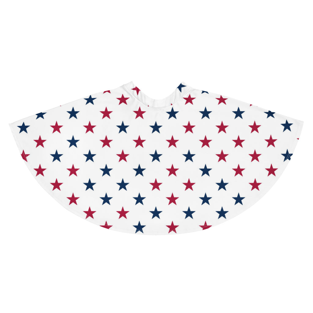 White cape with repeating red and navy blue star pattern made from recycled fabric with upf 50 plus protection