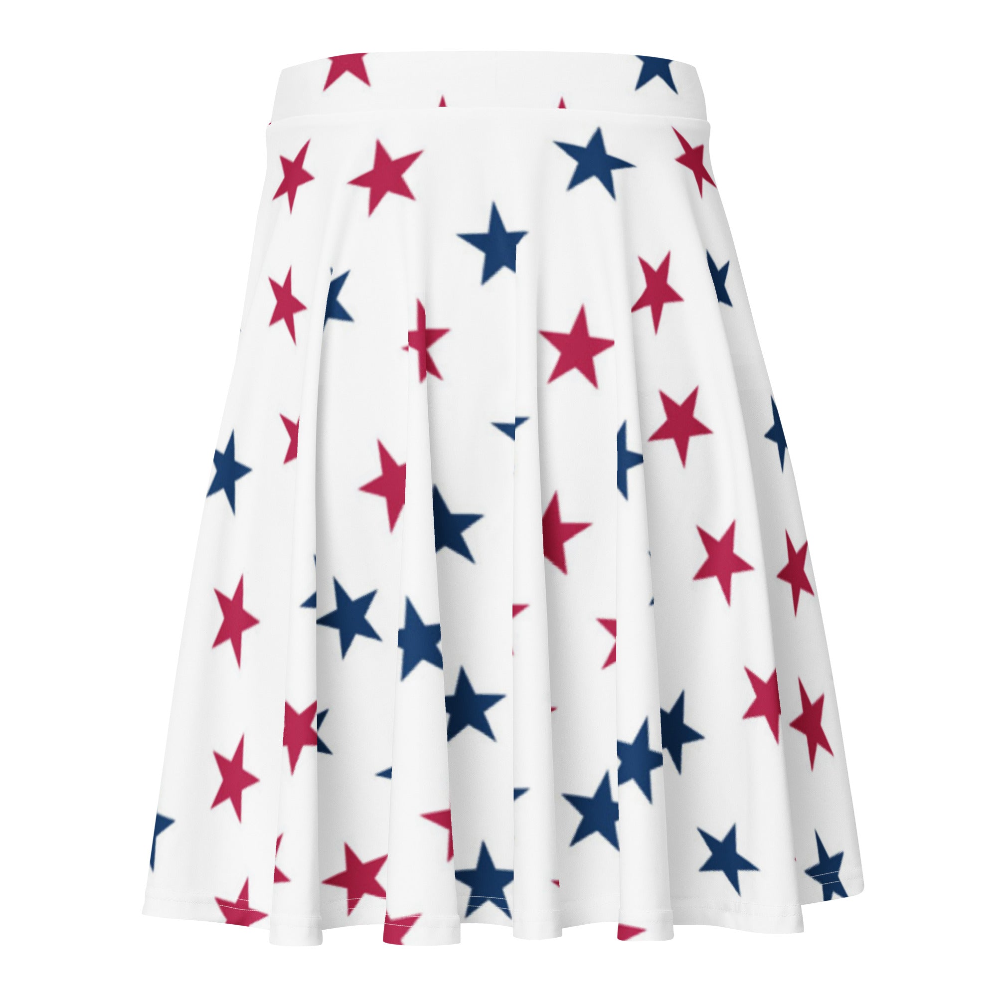 White pleated womens patriotic star skater skirt with red and blue stars flowy high waisted upf 50 recycled fabric