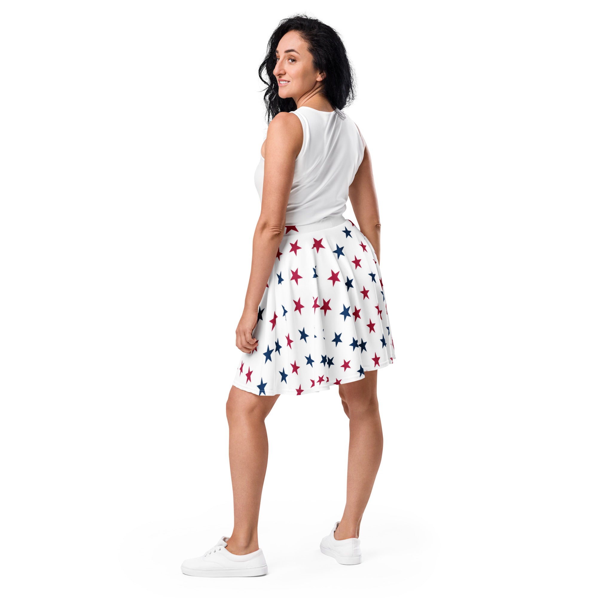White a-line womens patriotic star skater skirt with red and blue stars flowy high waisted recycled fabric upf 50+