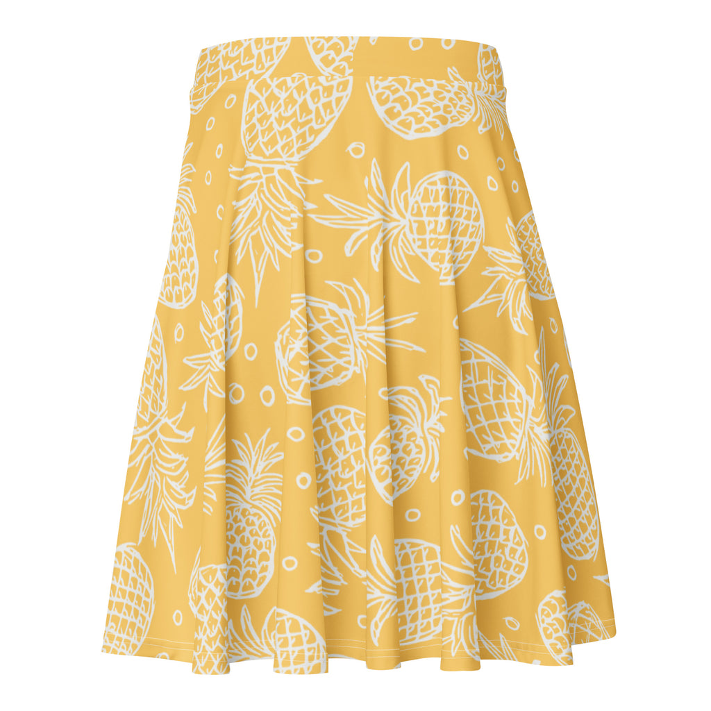 Women’s yellow pleated skater skirt with white pineapple pattern high waisted flowy recycled fabric with UPF 50+