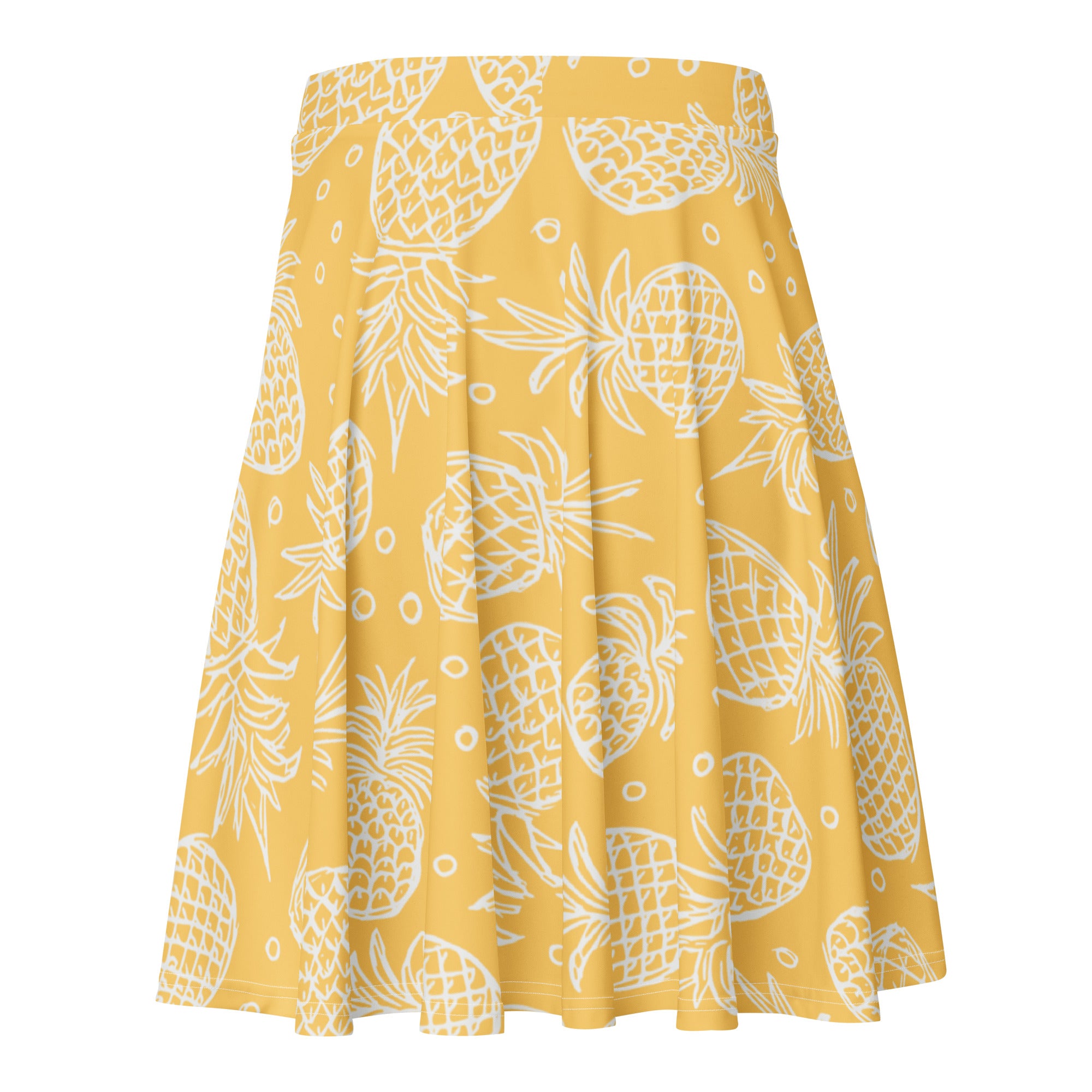 Women’s yellow pleated skater skirt with white pineapple pattern high waisted flowy recycled fabric with UPF 50+