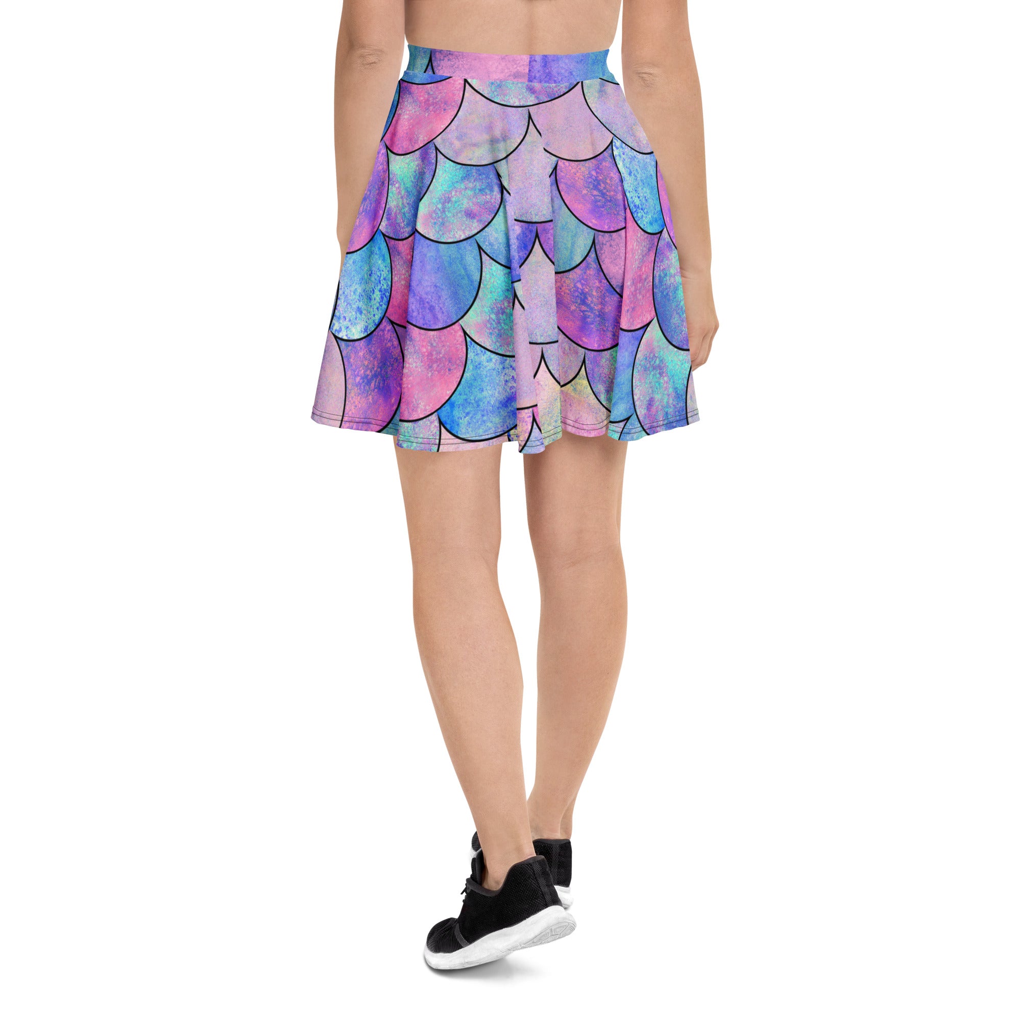 Women’s pastel mermaid skater skirt with flared iridescent pink purple blue scales made from recycled fabric with upf 50+