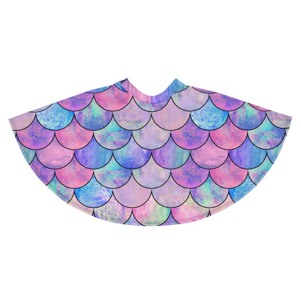 Women’s pastel mermaid skater skirt with iridescent pink blue purple mermaid scales high waisted flowy fabric with upf 50