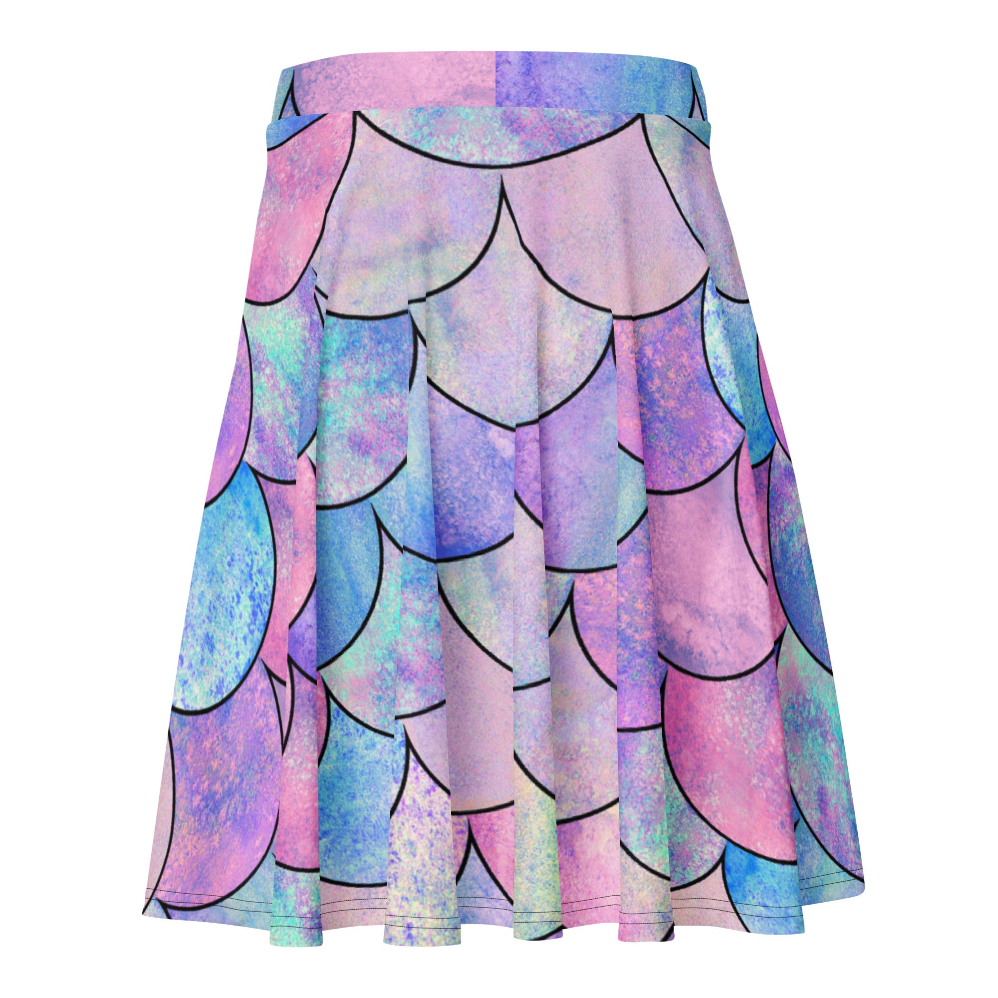 Women’s pastel mermaid skater skirt with vibrant watercolor mermaid scales in pink purple blue black outlines made from recycled fabric
