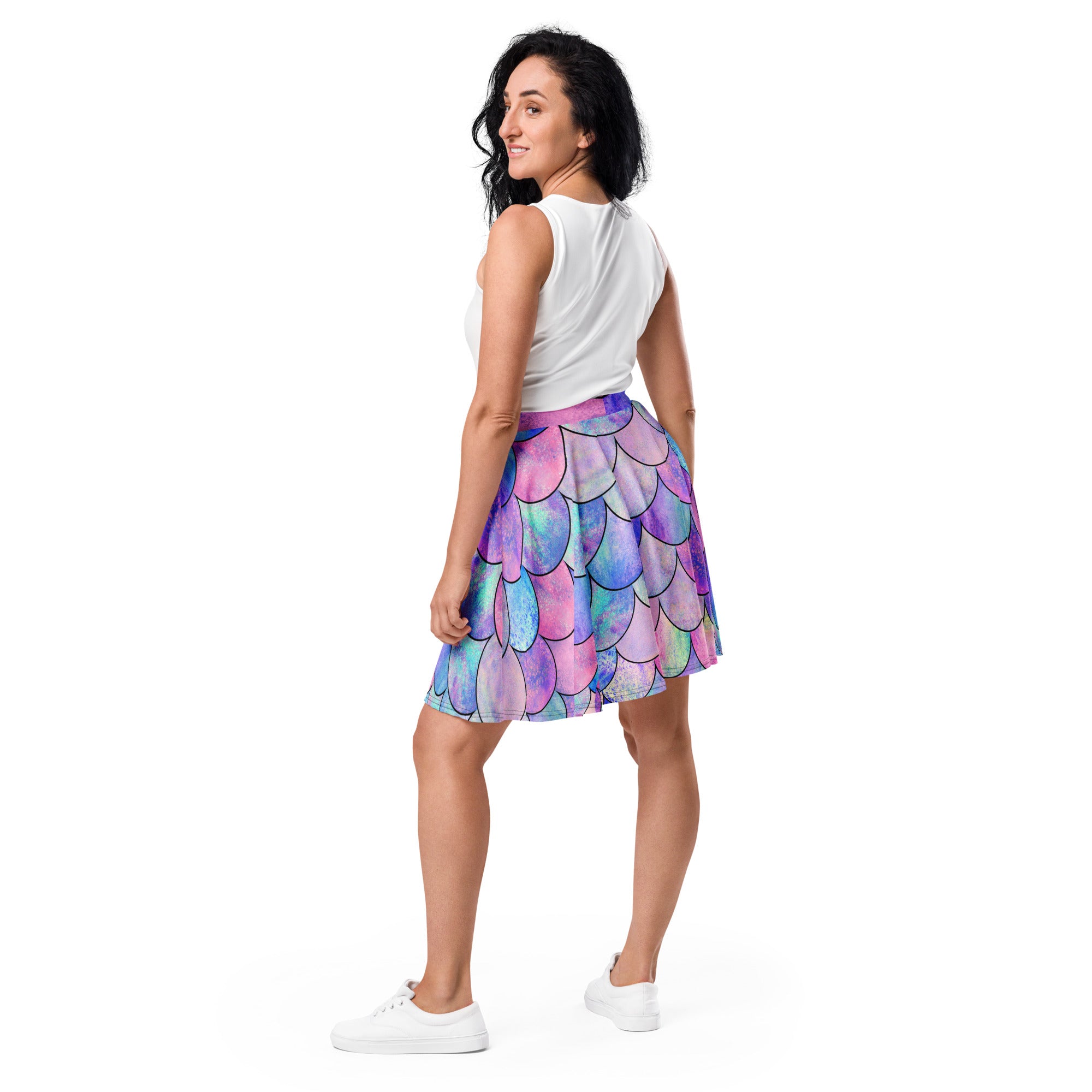 Women’s pastel mermaid skater skirt flowy high waisted with mermaid scale pattern in purple pink and blue recycled fabric
