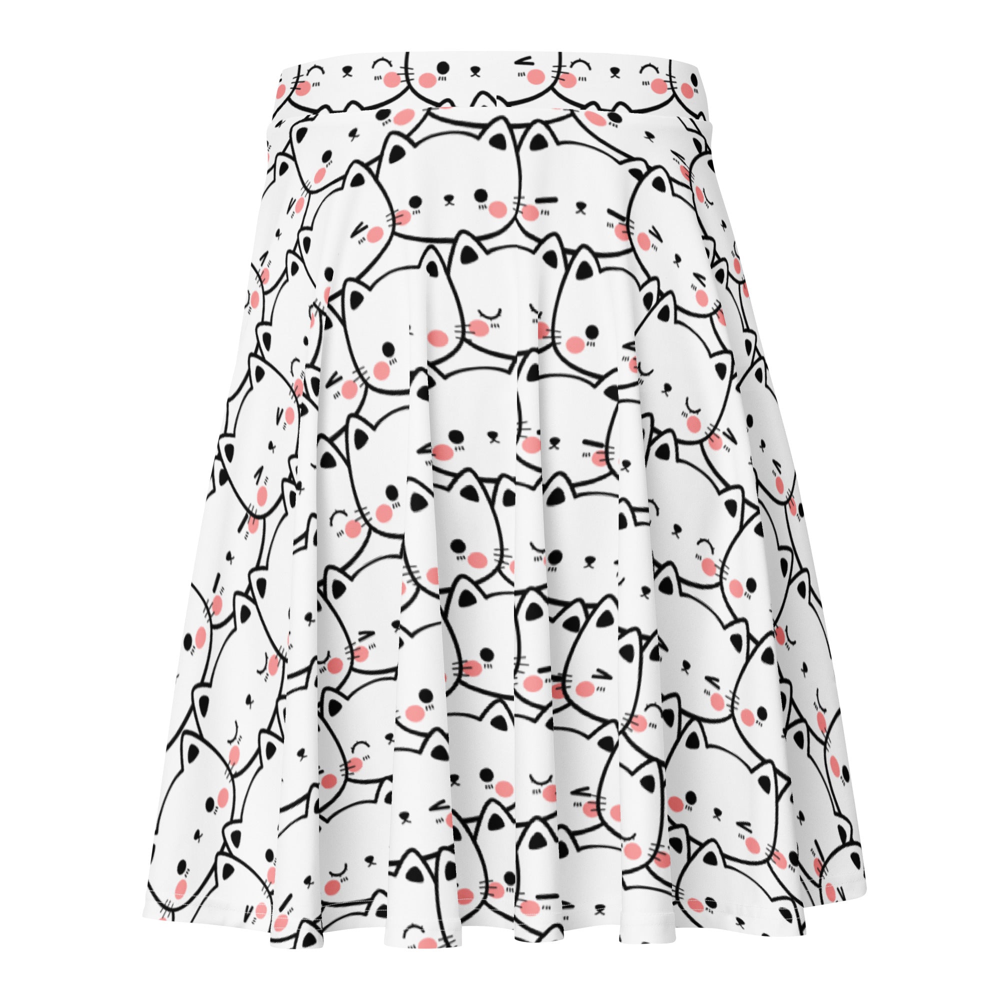 White pleated skater skirt with black cartoon cat print pink blush cheek accents high waisted flowy recycled fabric upf 50+