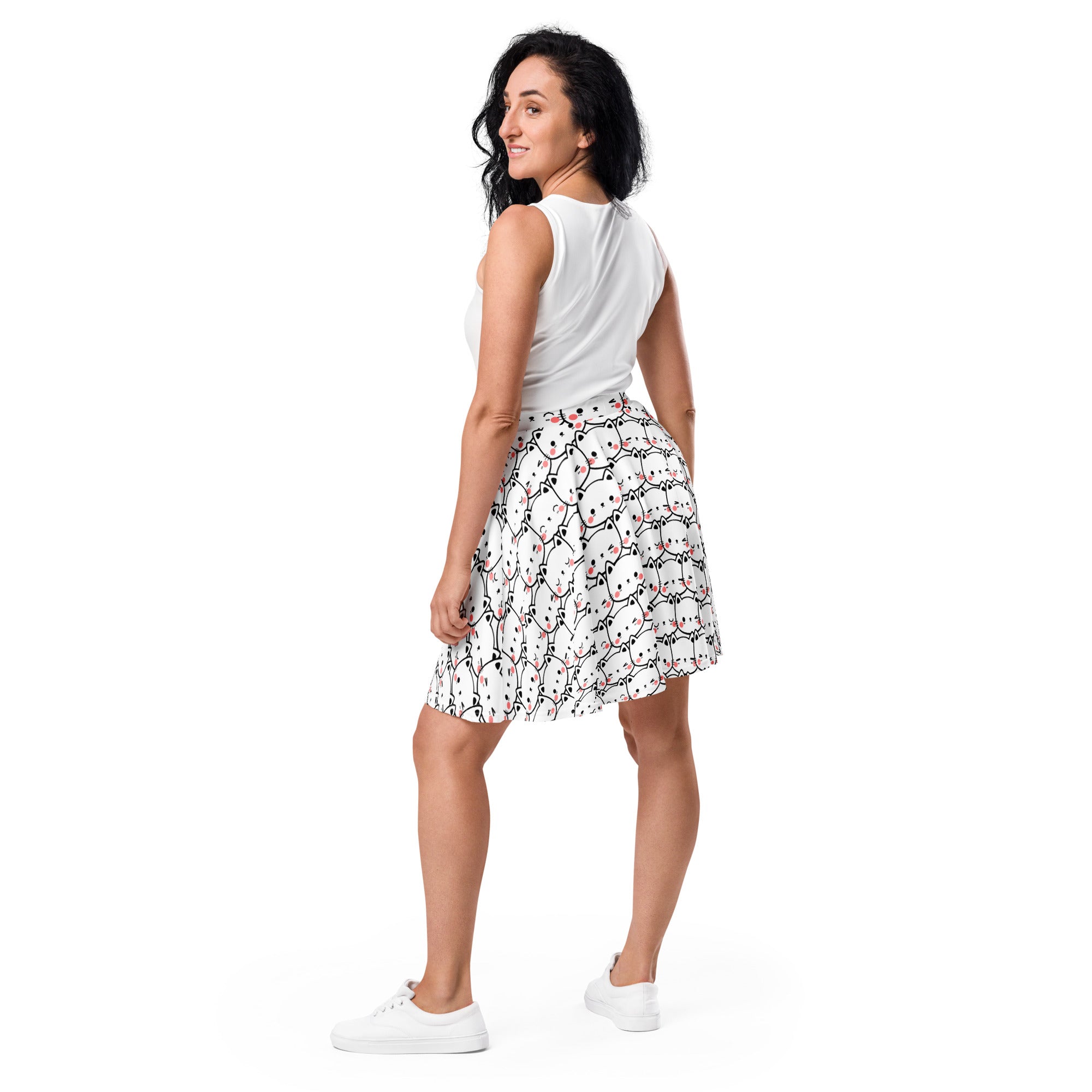 White pleated women’s cat print skater skirt with black pink cartoon cats flowy high waisted recycled fabric upf 50+