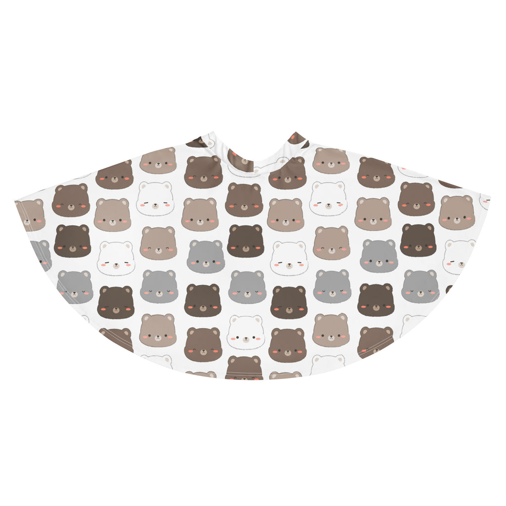 A white barber cape with a repeating pattern of cute cartoon bears in brown gray and white with rosy cheeks