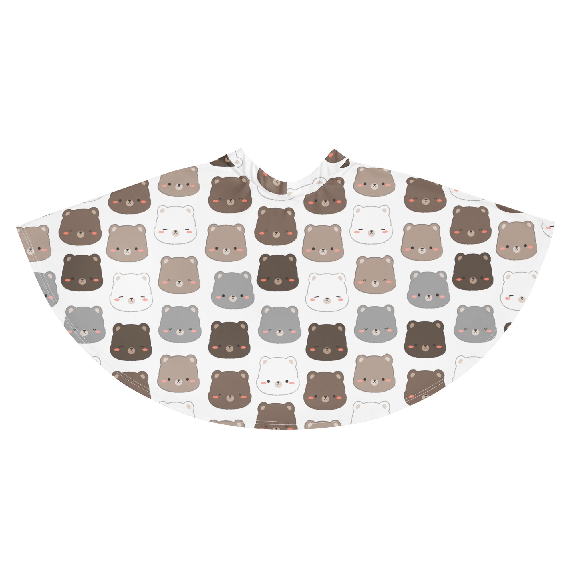 A white barber cape with a repeating pattern of cute cartoon bears in brown gray and white with rosy cheeks